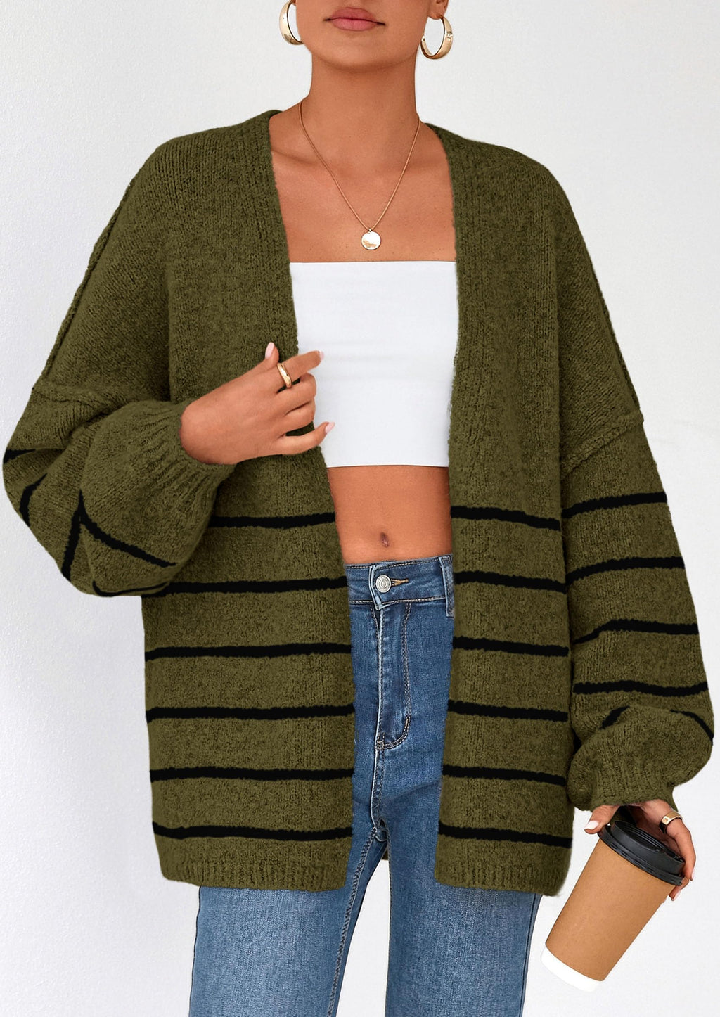 Womens Oversized Cardigan Sweaters Fall Long Lantern Sleeve Knit Open Front Lightweight Sweater