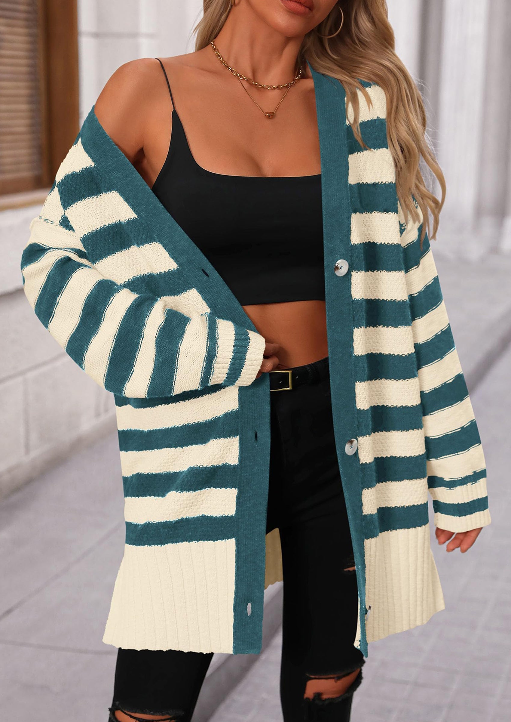 Women's Winter Striped Cardigan Sweaters Long Sleeve Button Down Open Front Chunky Knit Oversized Sweater Coat