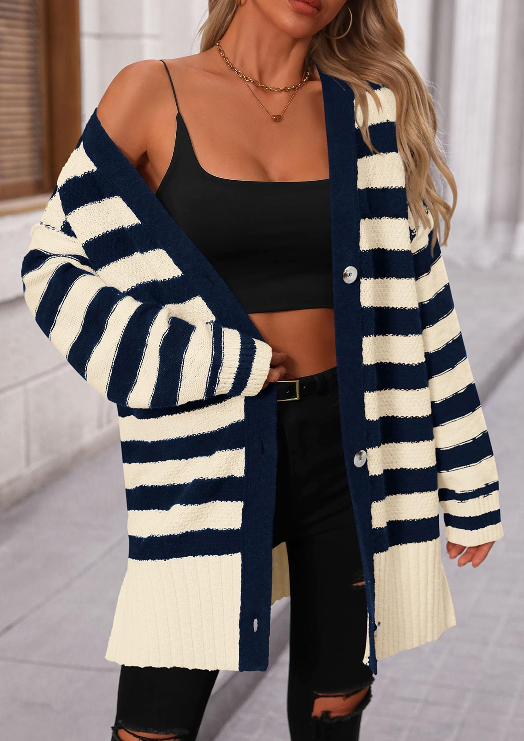 Women's Winter Striped Cardigan Sweaters Long Sleeve Button Down Open Front Chunky Knit Oversized Sweater Coat