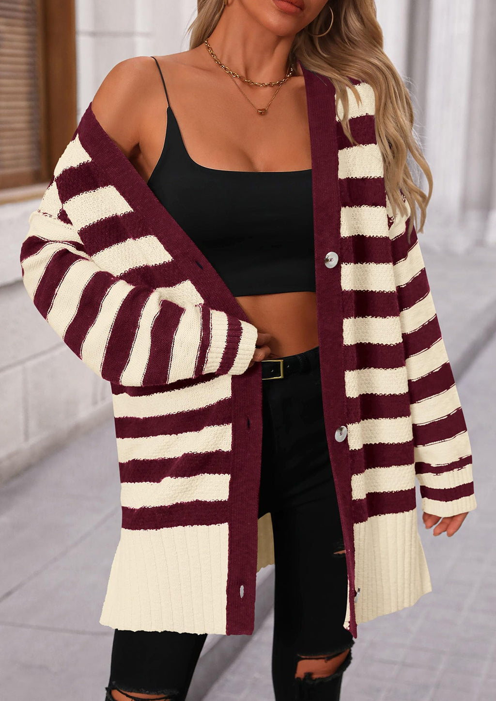 Women's Winter Striped Cardigan Sweaters Long Sleeve Button Down Open Front Chunky Knit Oversized Sweater Coat