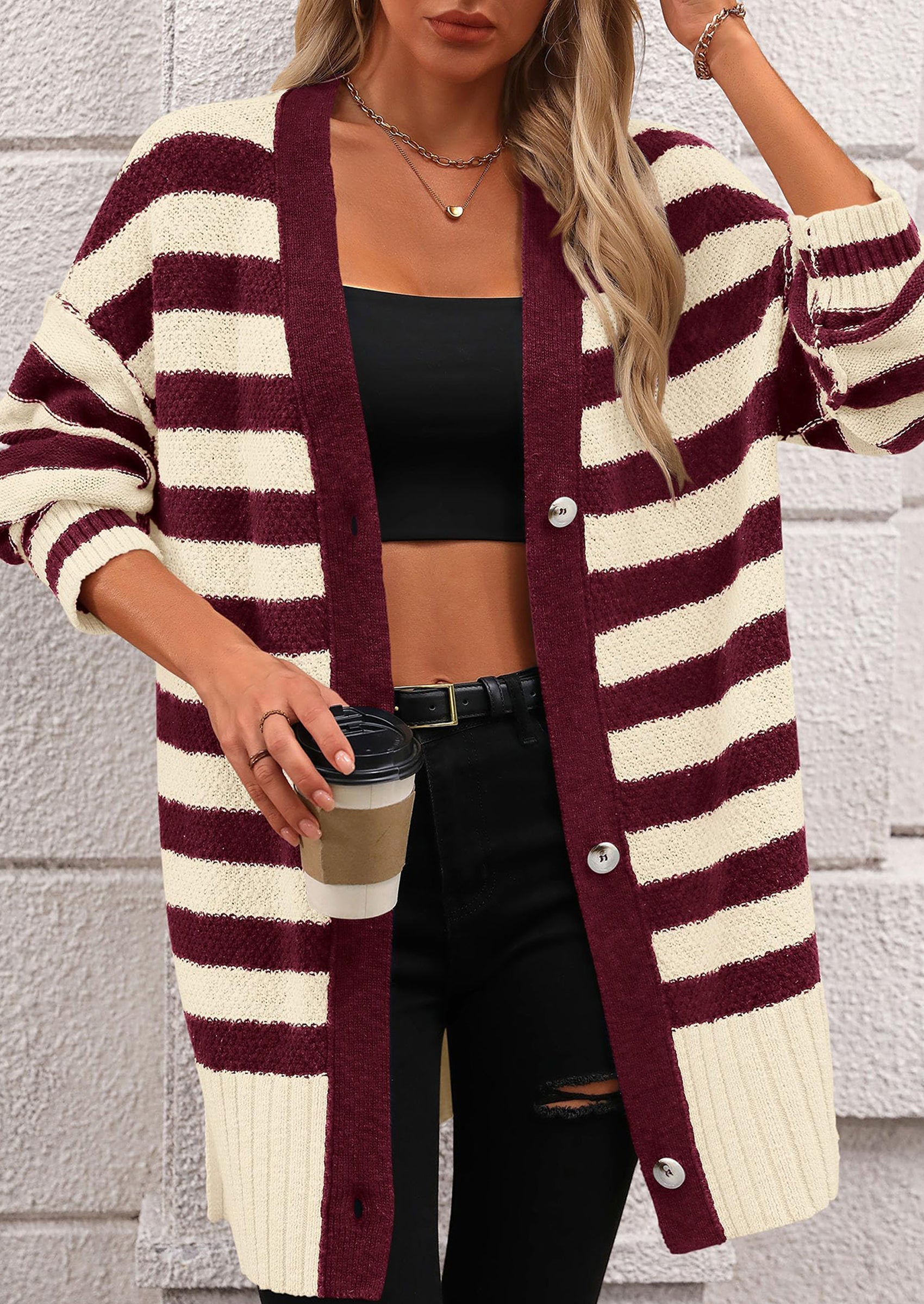 Women's Winter Striped Cardigan Sweaters Long Sleeve Button Down Open Front Chunky Knit Oversized Sweater Coat