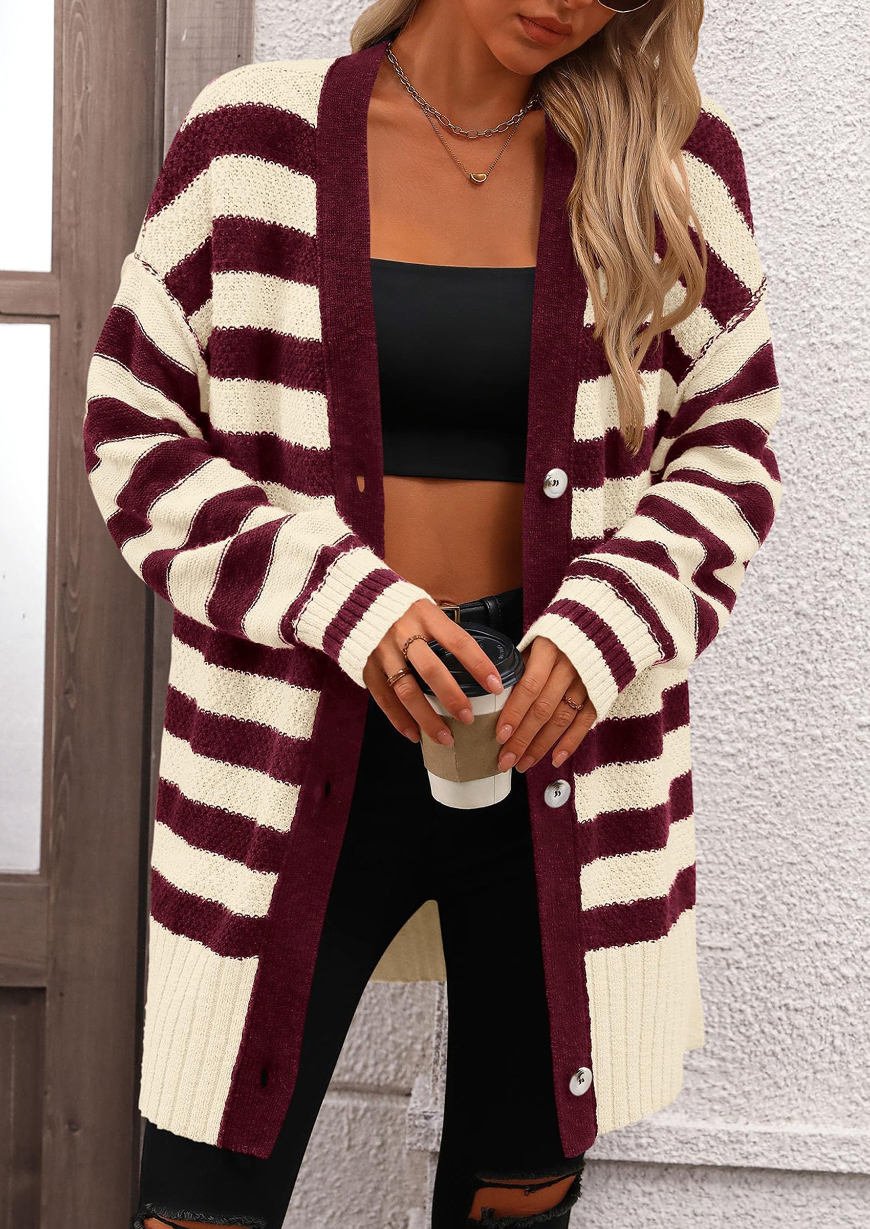 Women's Winter Striped Cardigan Sweaters Long Sleeve Button Down Open Front Chunky Knit Oversized Sweater Coat