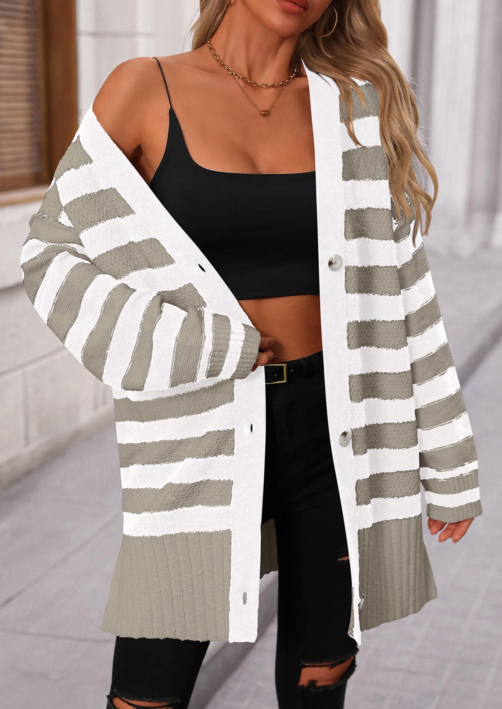 Women's Winter Striped Cardigan Sweaters Long Sleeve Button Down Open Front Chunky Knit Oversized Sweater Coat