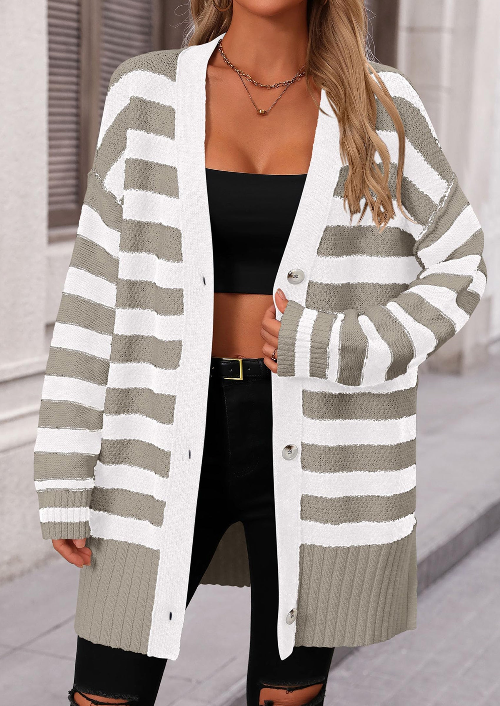 Women's Winter Striped Cardigan Sweaters Long Sleeve Button Down Open Front Chunky Knit Oversized Sweater Coat