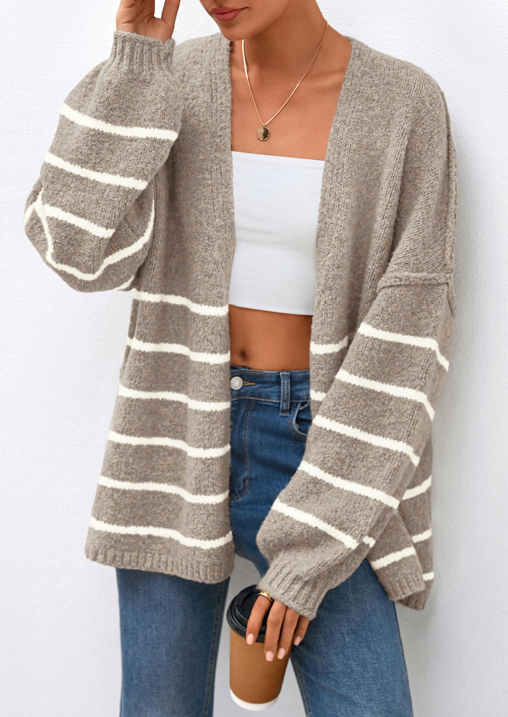 Womens Oversized Cardigan Sweaters Fall Long Lantern Sleeve Knit Open Front Lightweight Sweater