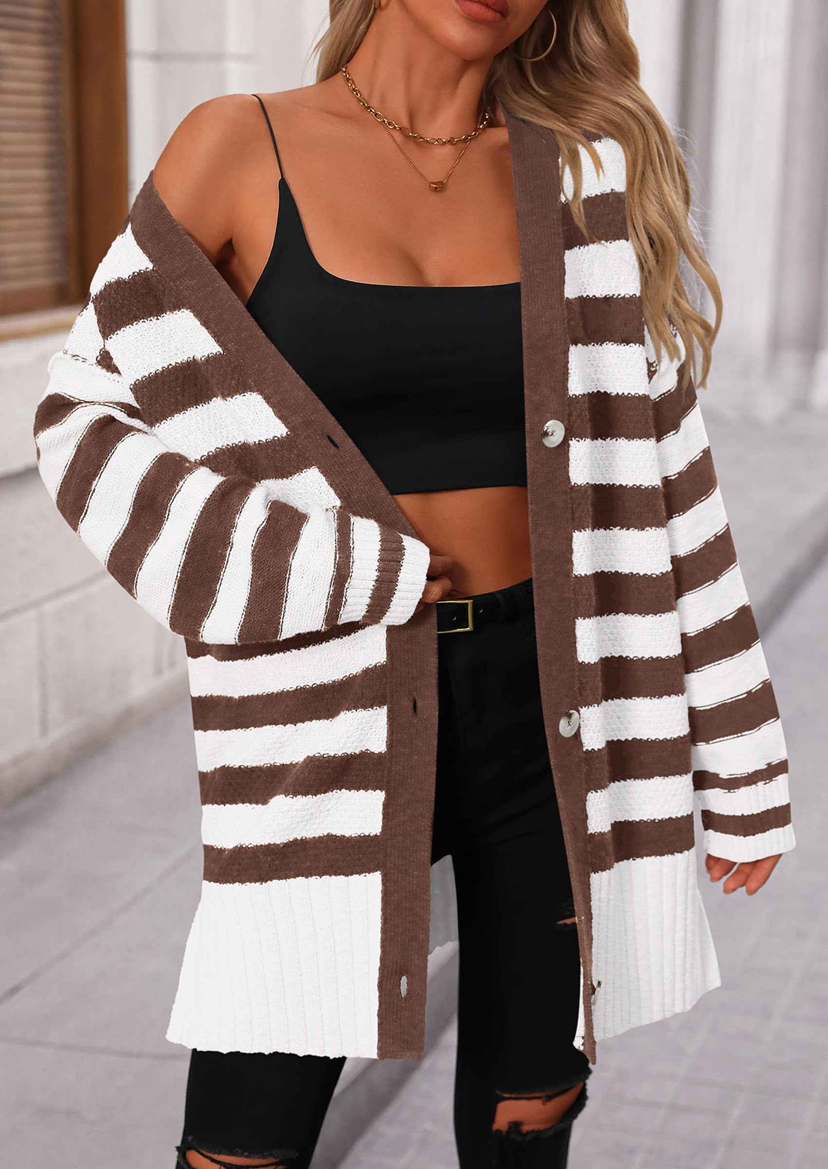 Women's Winter Striped Cardigan Sweaters Long Sleeve Button Down Open Front Chunky Knit Oversized Sweater Coat