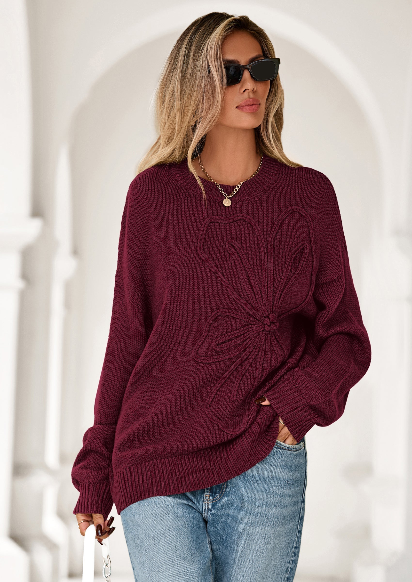 Womens Sweaters Fall Fashion Long Sleeve Crewneck Floral Knit Pullover Sweater Tops Winter Clothes