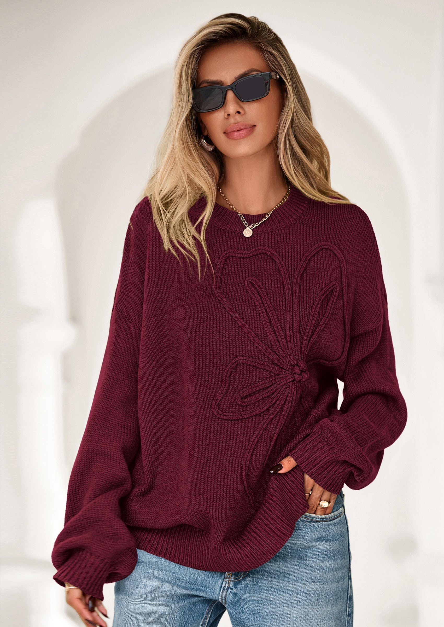 Womens Sweaters Fall Fashion Long Sleeve Crewneck Floral Knit Pullover Sweater Tops Winter Clothes