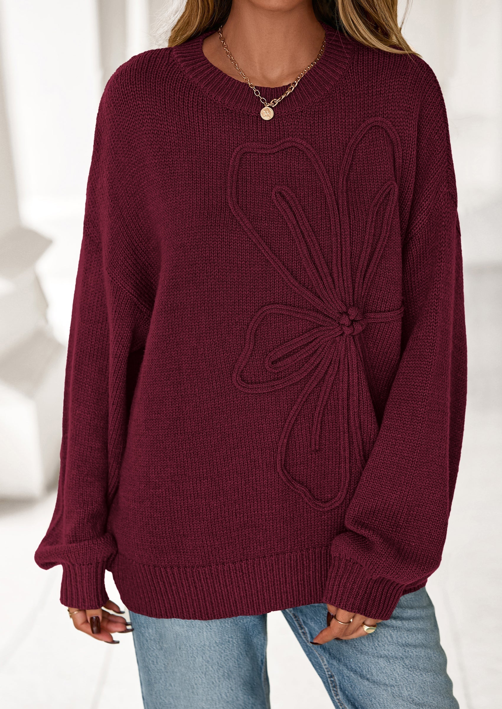 Womens Sweaters Fall Fashion Long Sleeve Crewneck Floral Knit Pullover Sweater Tops Winter Clothes