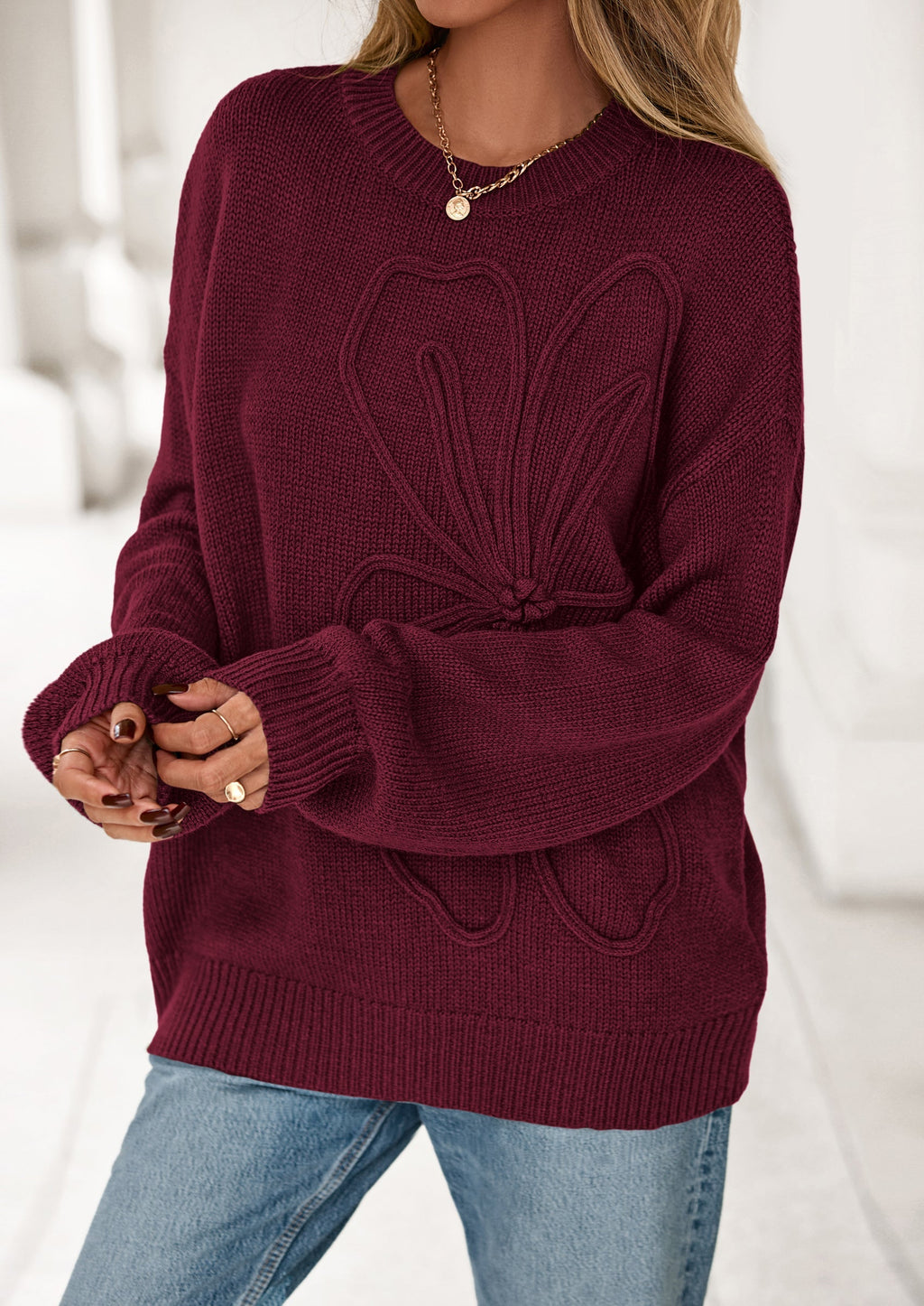 Womens Sweaters Fall Fashion Long Sleeve Crewneck Floral Knit Pullover Sweater Tops Winter Clothes