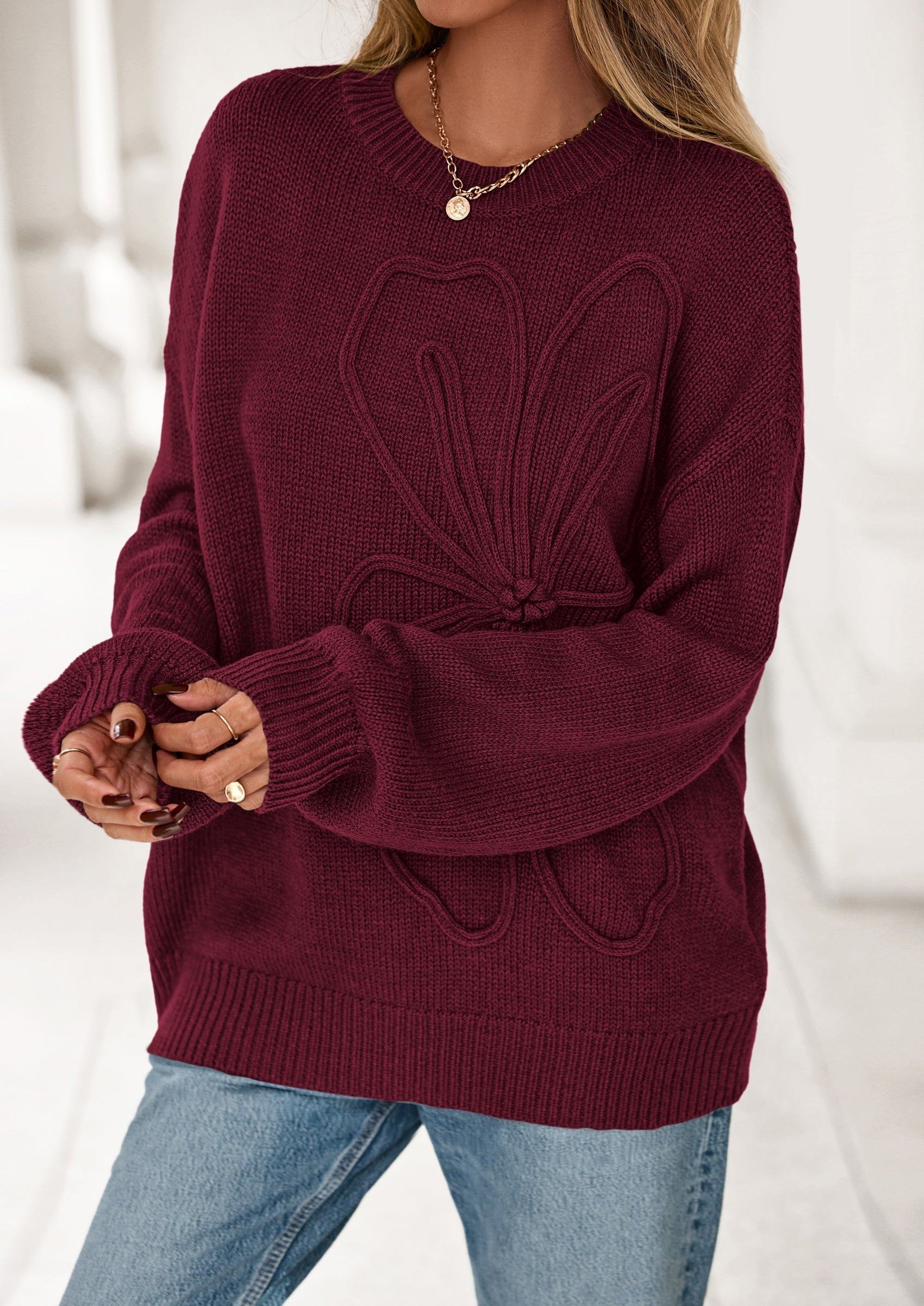 Womens Sweaters Fall Fashion Long Sleeve Crewneck Floral Knit Pullover Sweater Tops Winter Clothes