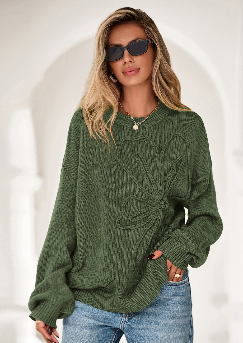 Womens Sweaters Fall Fashion Long Sleeve Crewneck Floral Knit Pullover Sweater Tops Winter Clothes