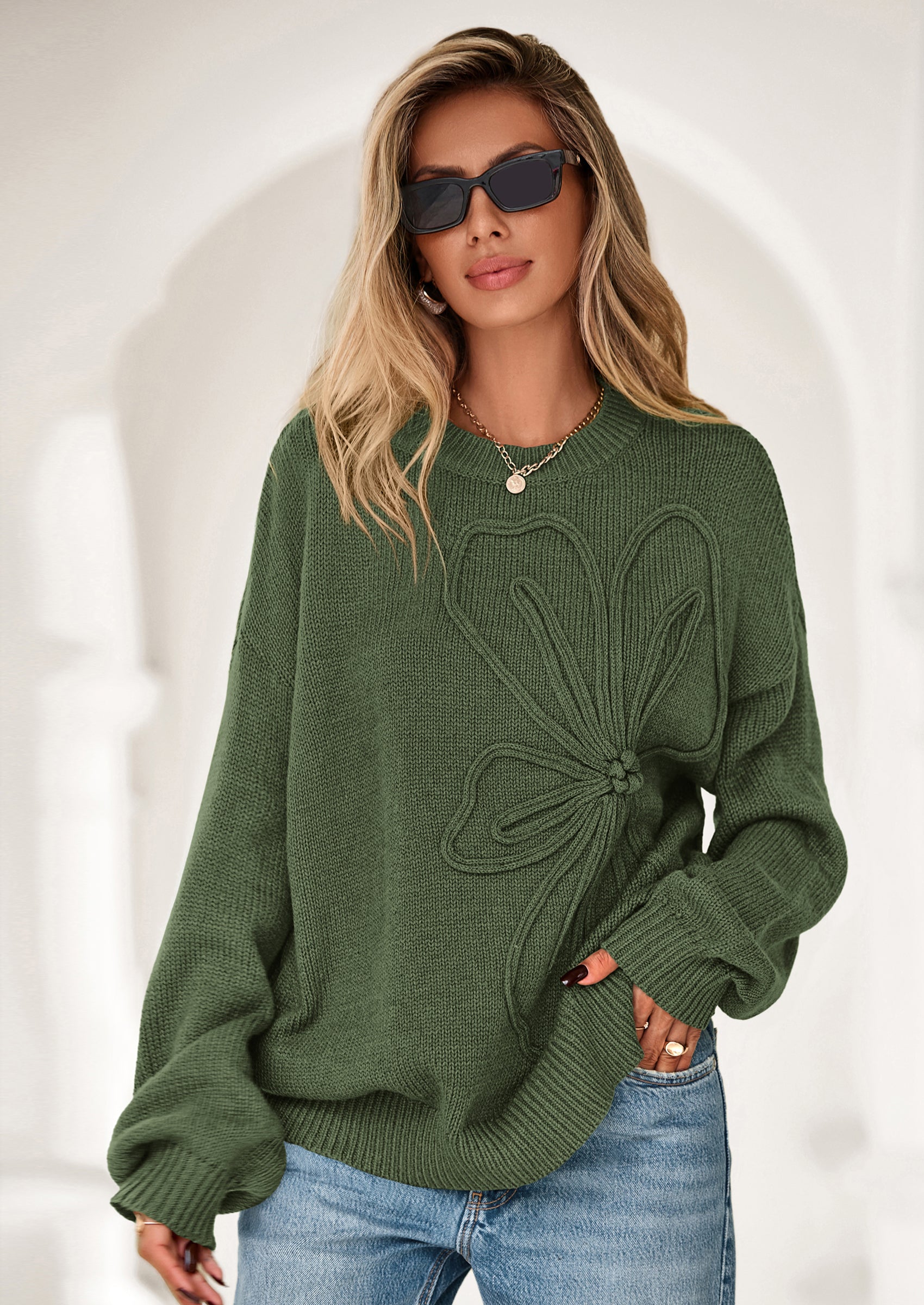 Womens Sweaters Fall Fashion Long Sleeve Crewneck Floral Knit Pullover Sweater Tops Winter Clothes