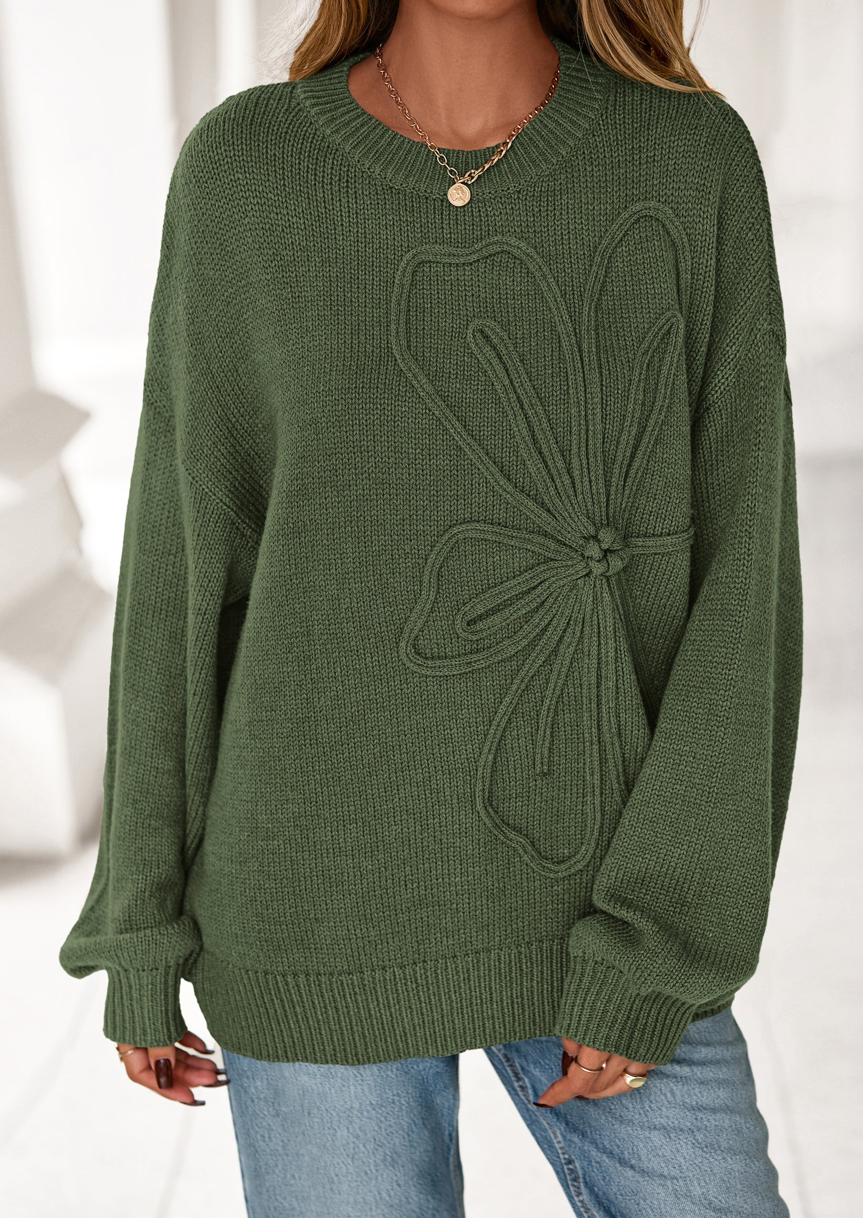 Womens Sweaters Fall Fashion Long Sleeve Crewneck Floral Knit Pullover Sweater Tops Winter Clothes