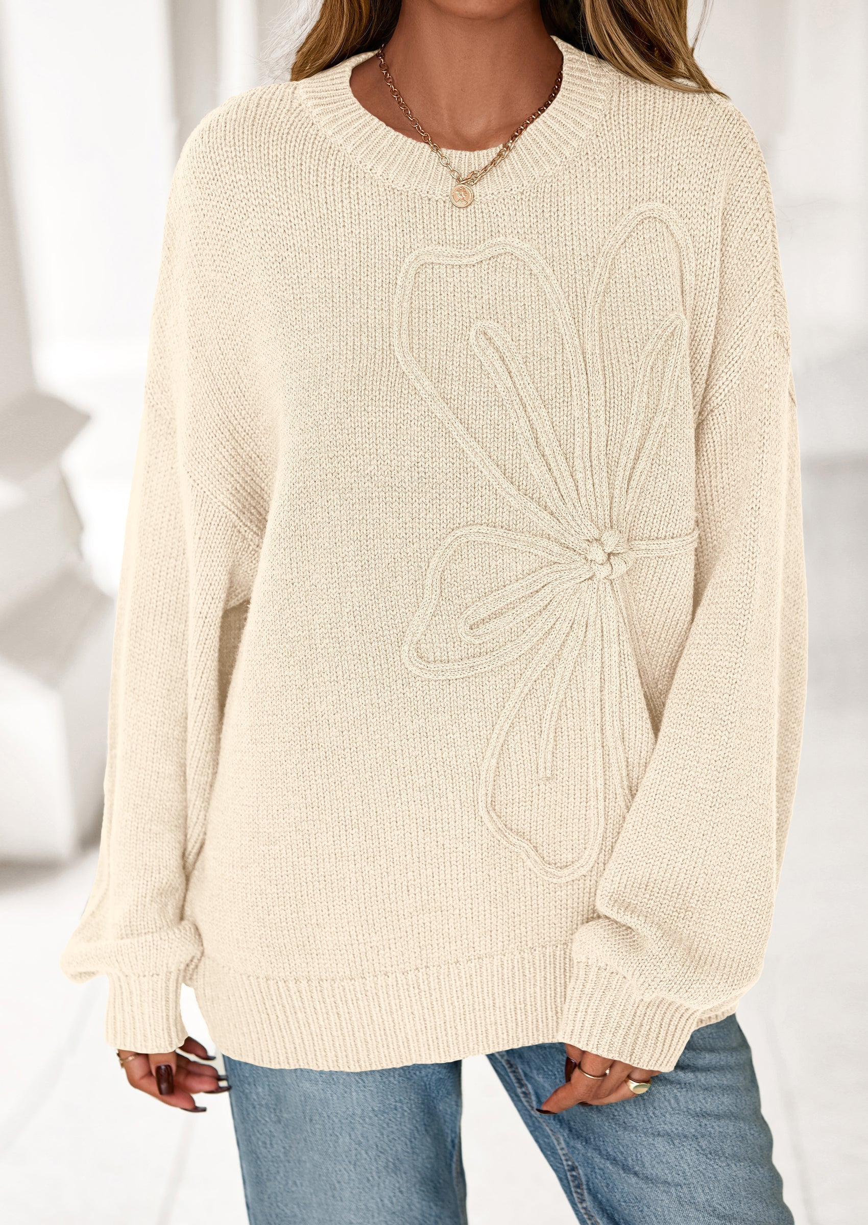 Womens Sweaters Fall Fashion Long Sleeve Crewneck Floral Knit Pullover Sweater Tops Winter Clothes