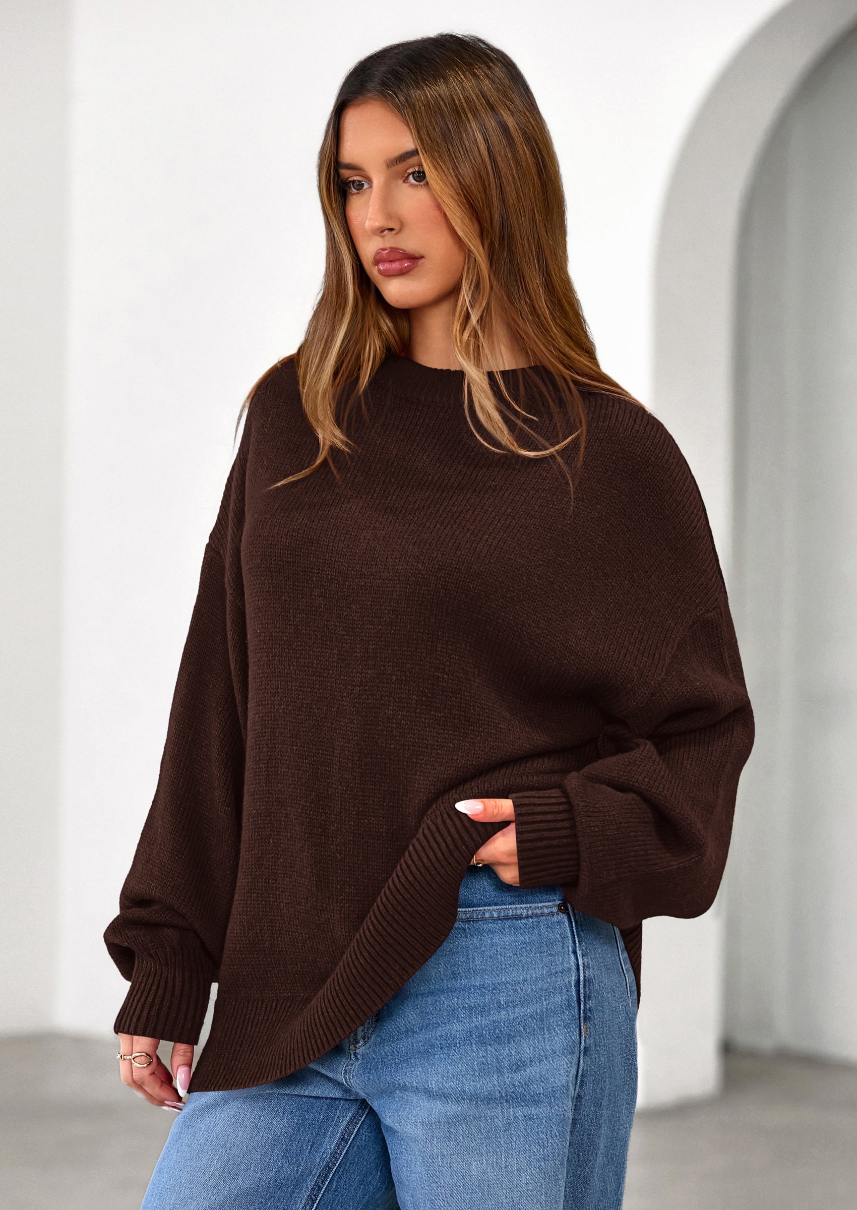 Womens Sweaters Fall Trendy Casual Crewneck Long Sleeve Cozy Knit Pullover Sweater Tops Winter Clothing