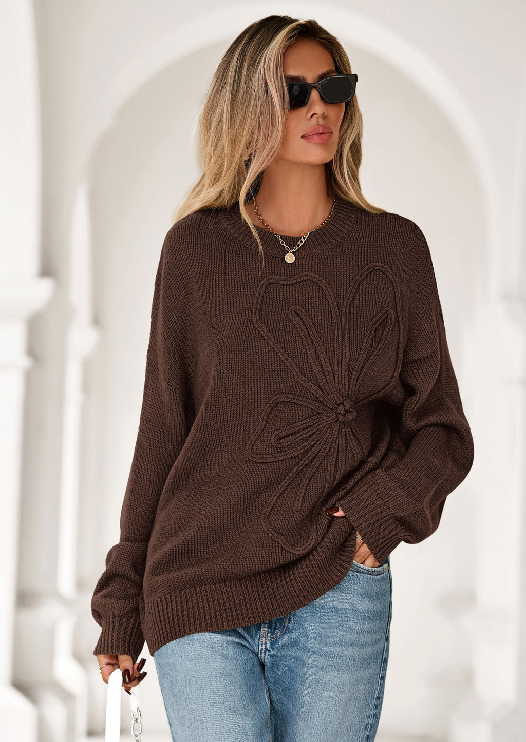 Womens Sweaters Fall Fashion Long Sleeve Crewneck Floral Knit Pullover Sweater Tops Winter Clothes