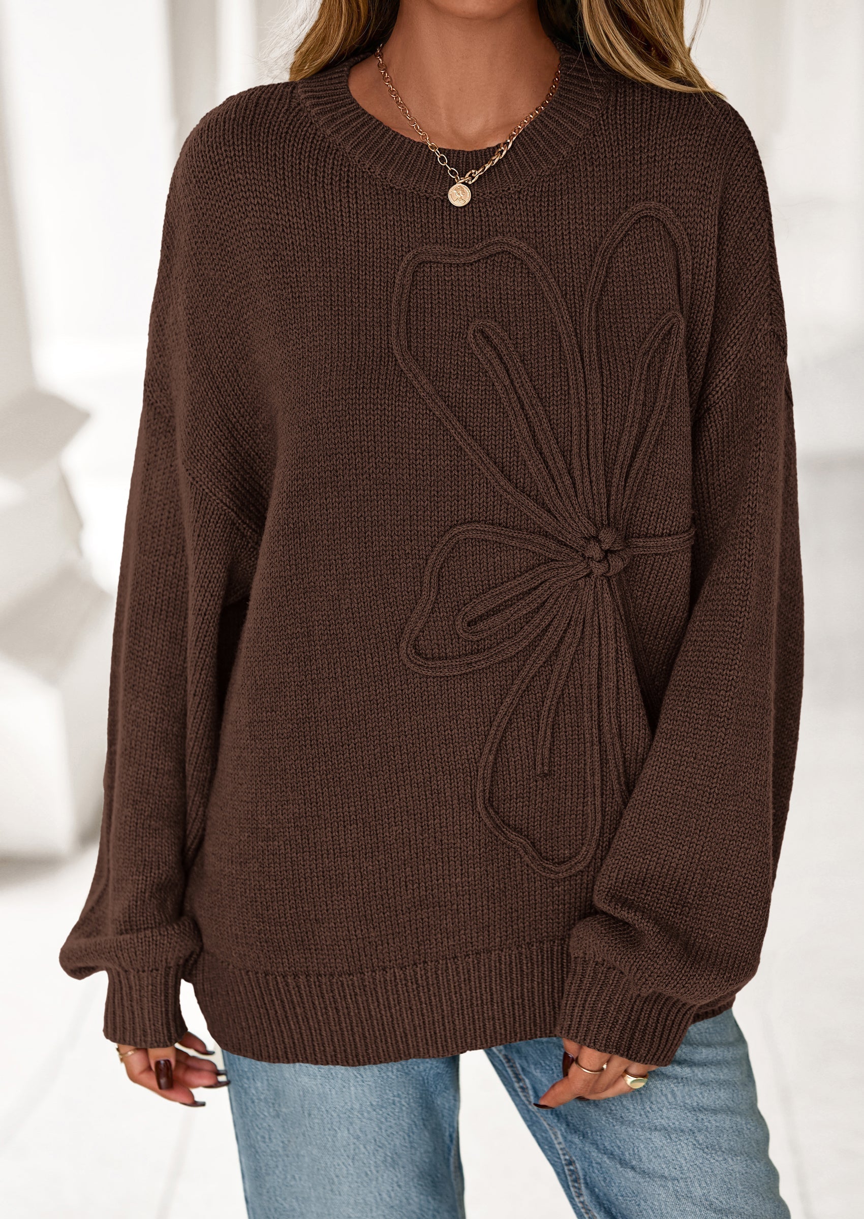 Womens Sweaters Fall Fashion Long Sleeve Crewneck Floral Knit Pullover Sweater Tops Winter Clothes