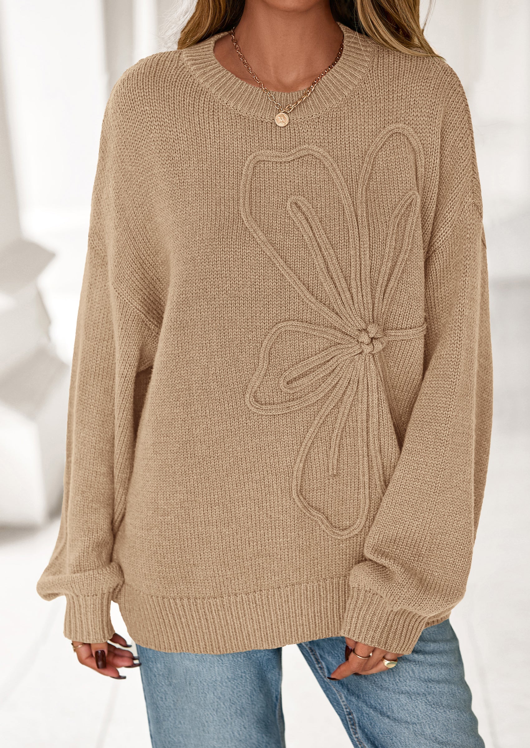 Womens Sweaters Fall Fashion Long Sleeve Crewneck Floral Knit Pullover Sweater Tops Winter Clothes