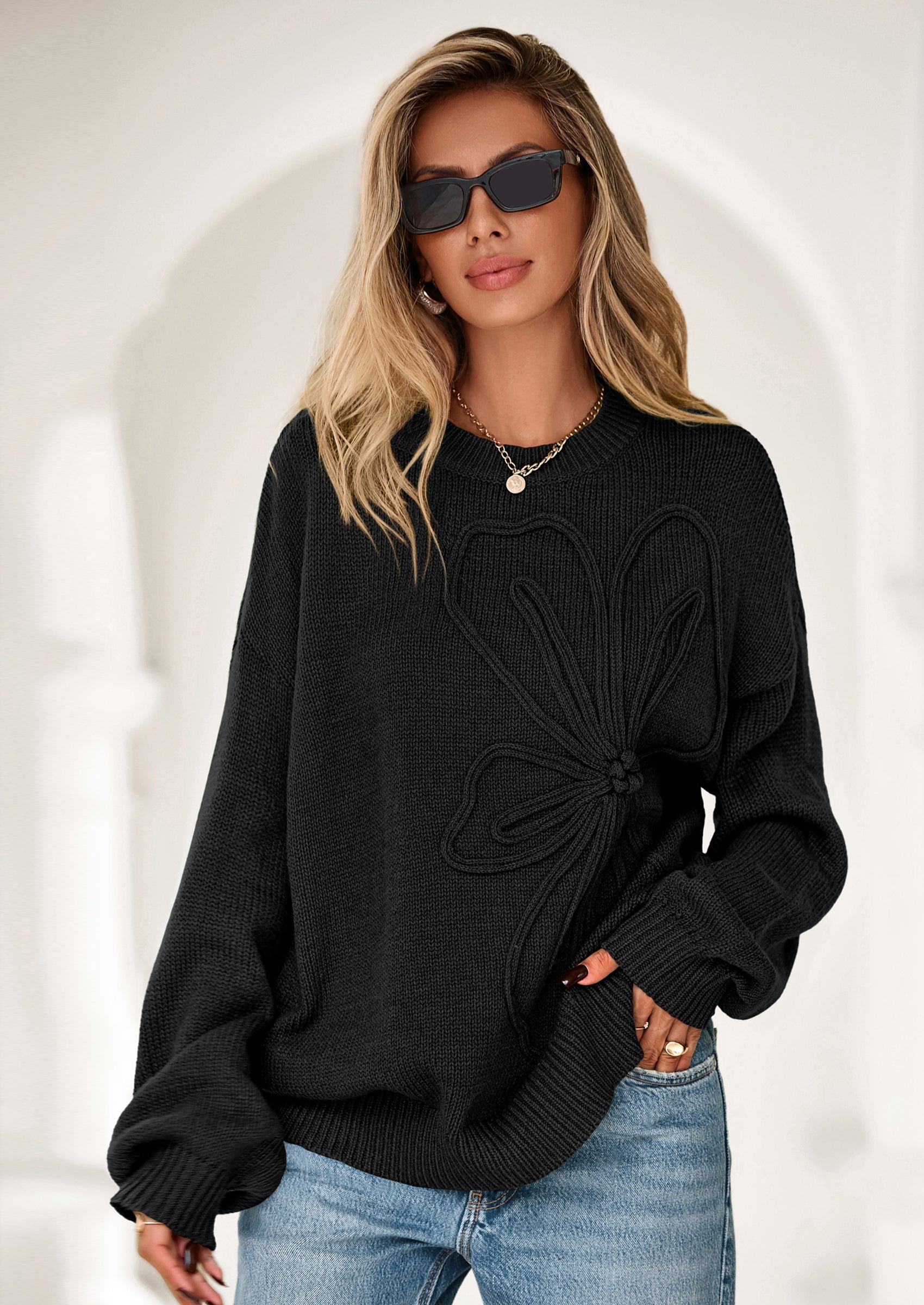 Womens Sweaters Fall Fashion Long Sleeve Crewneck Floral Knit Pullover Sweater Tops Winter Clothes