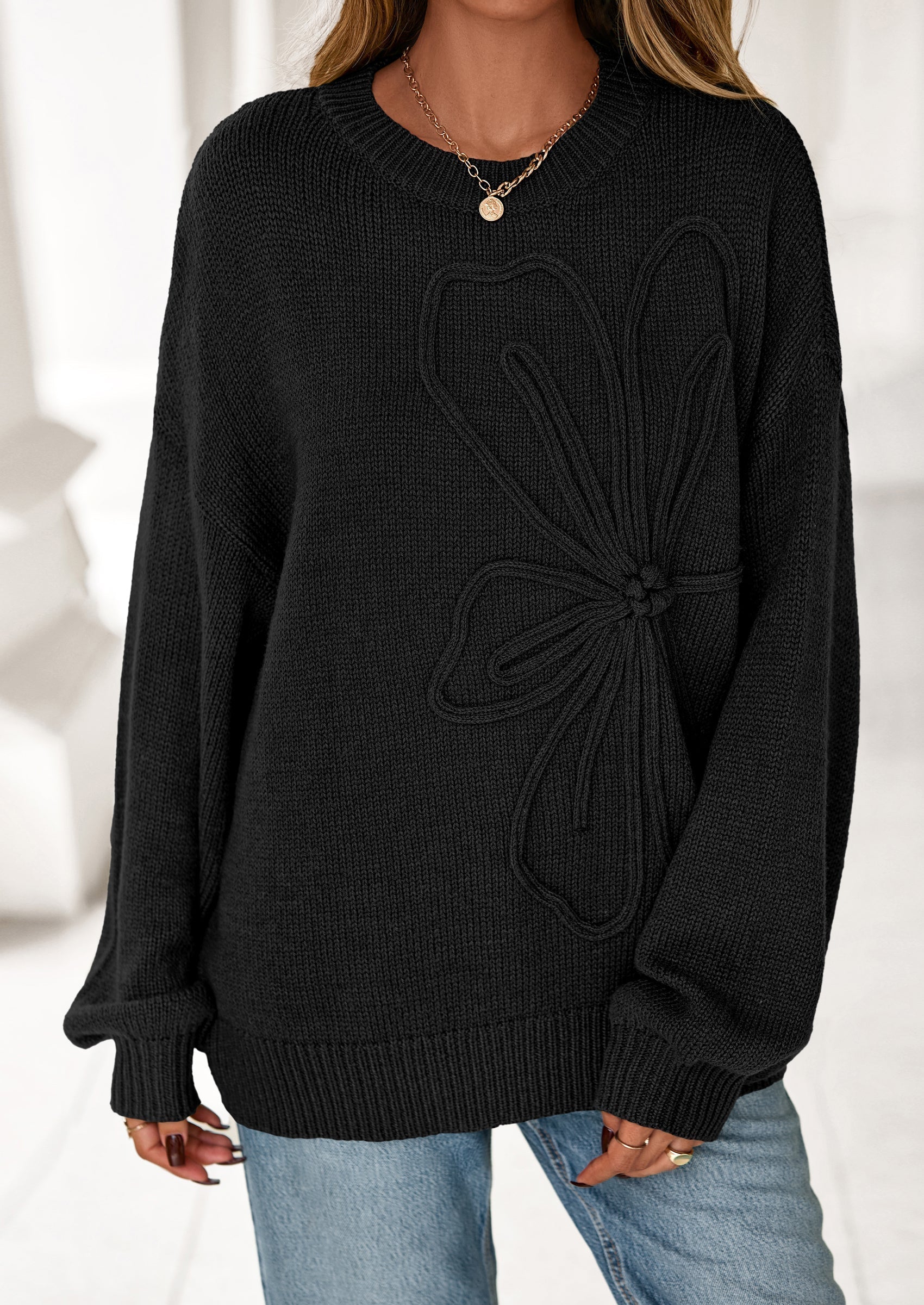 Womens Sweaters Fall Fashion Long Sleeve Crewneck Floral Knit Pullover Sweater Tops Winter Clothes