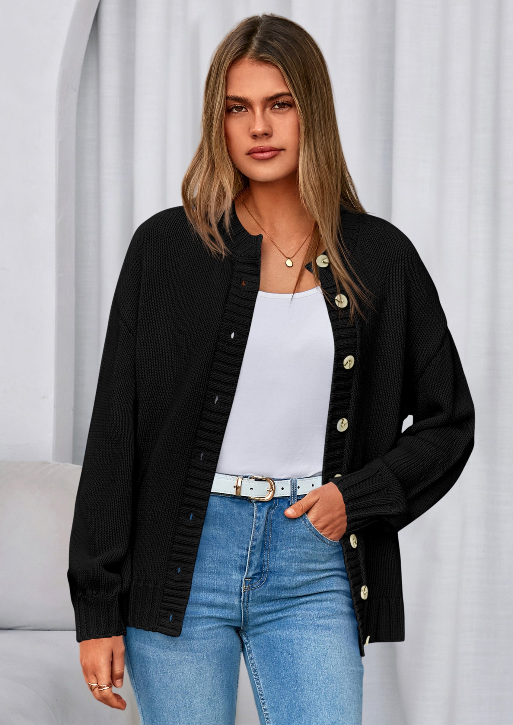 Women's Winter Cardigan Sweaters Trendy Chunky Knit Long Sleeve Button Up Casual Warm Fall Jackets Coats