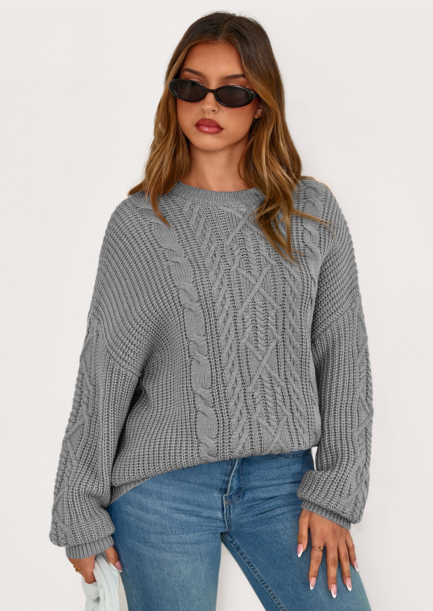 Women's Oversized Fall Sweaters Casual Long Sleeve Crewneck Chunky Cable Knit Pullover Tops Winter Clothes