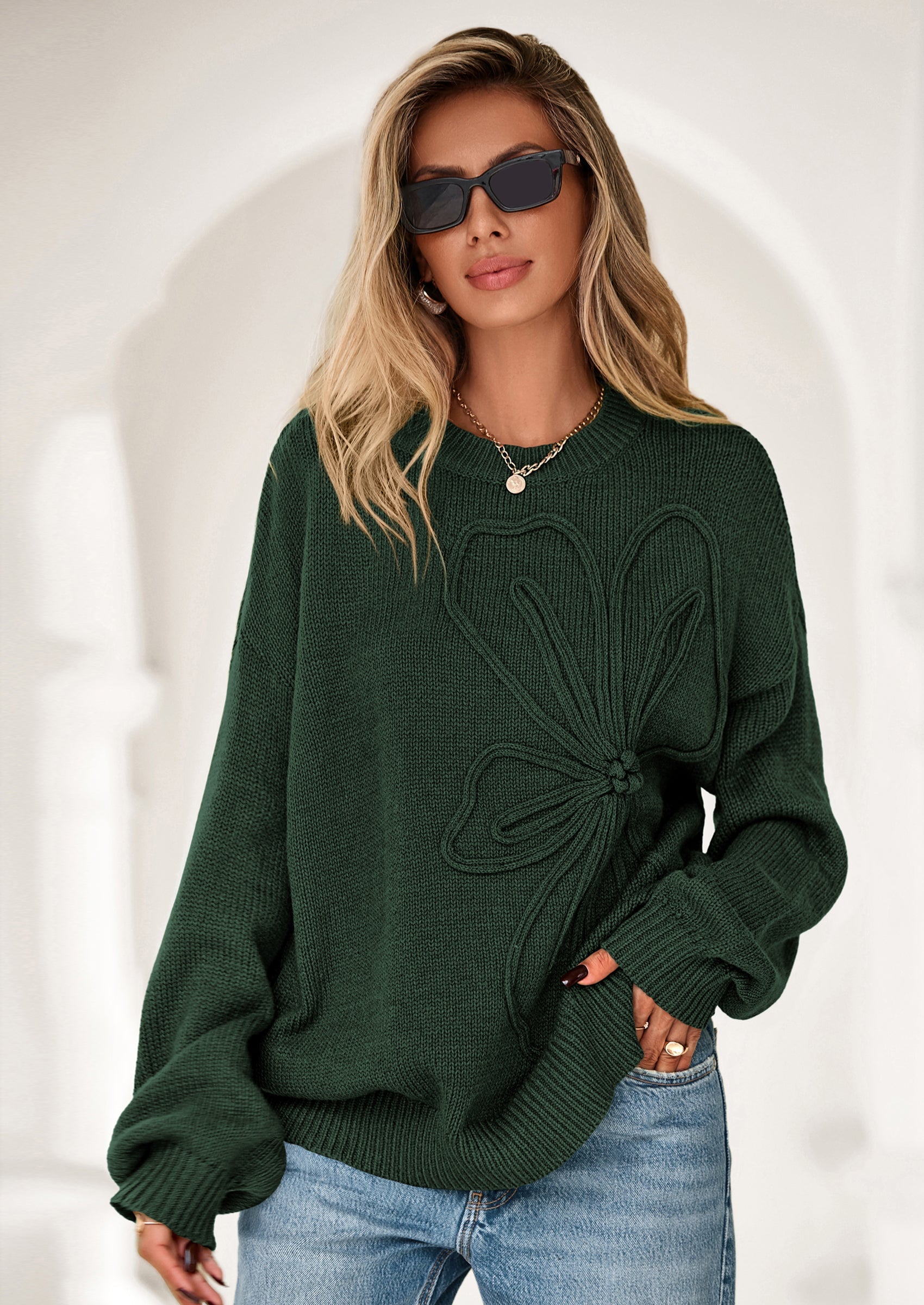 Womens Sweaters Fall Fashion Long Sleeve Crewneck Floral Knit Pullover Sweater Tops Winter Clothes