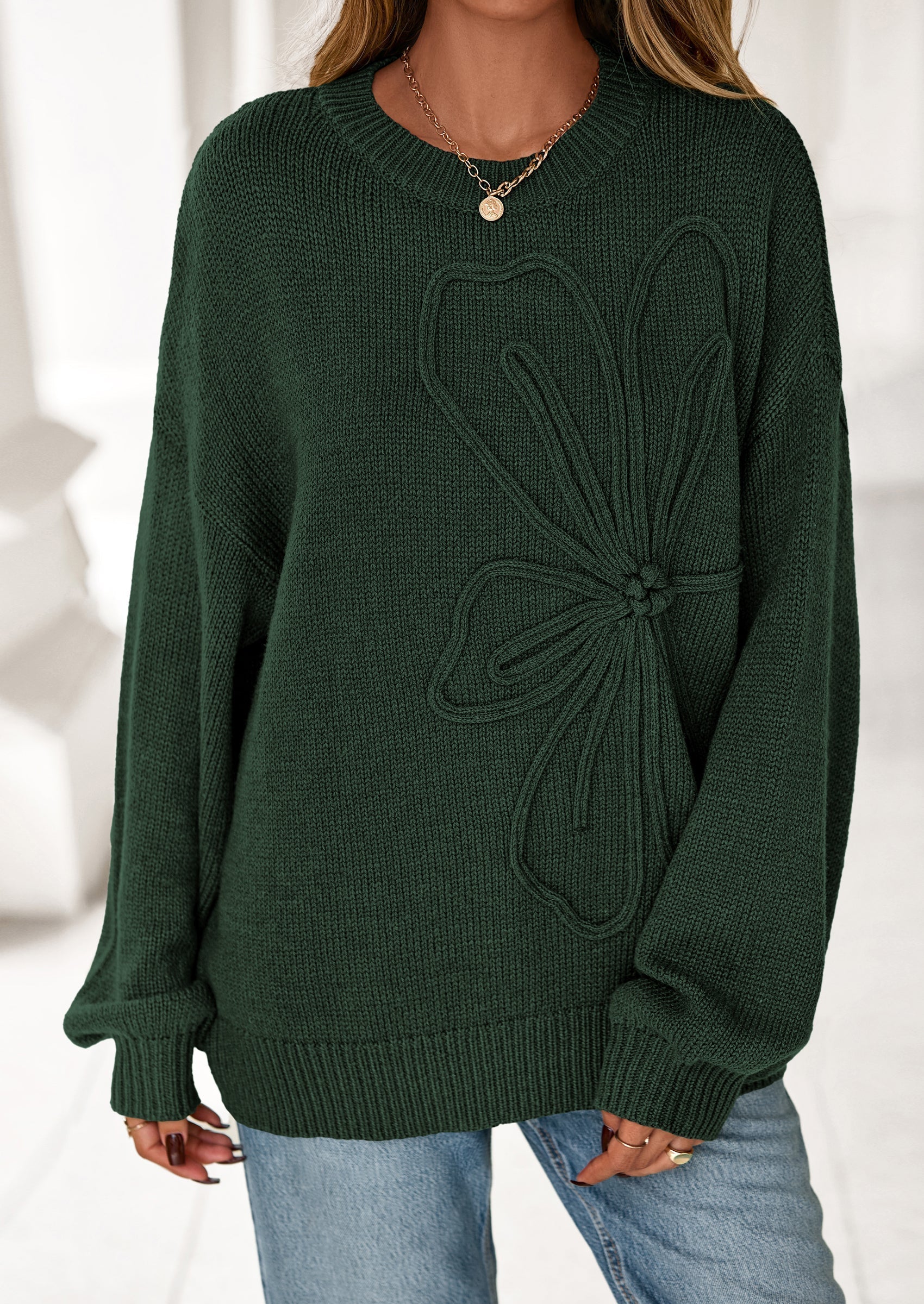 Womens Sweaters Fall Fashion Long Sleeve Crewneck Floral Knit Pullover Sweater Tops Winter Clothes