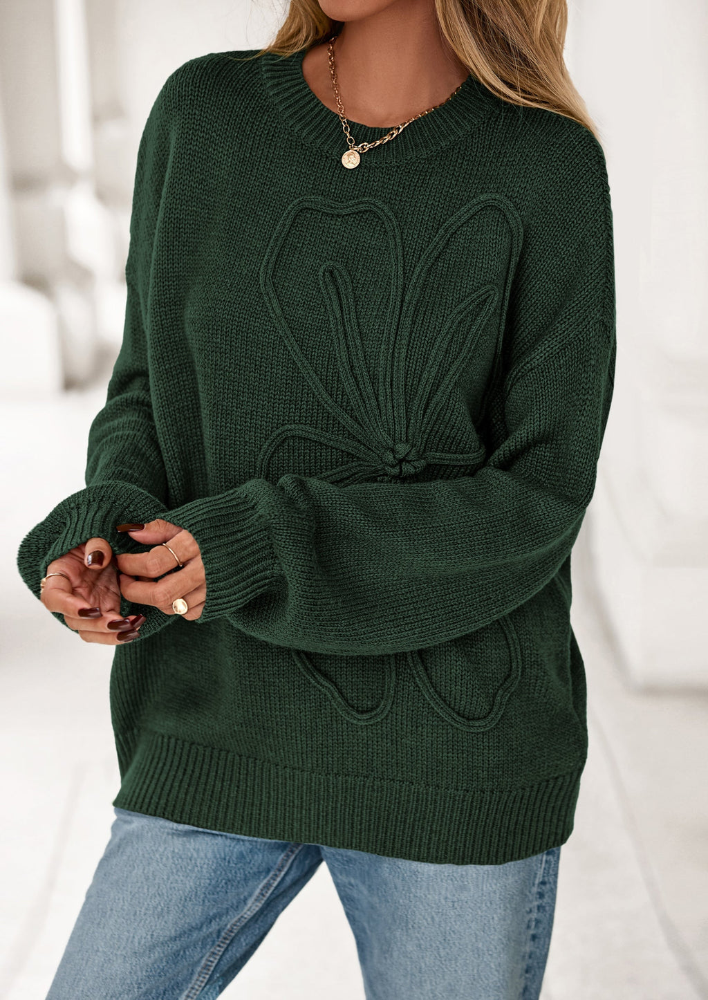 Womens Sweaters Fall Fashion Long Sleeve Crewneck Floral Knit Pullover Sweater Tops Winter Clothes