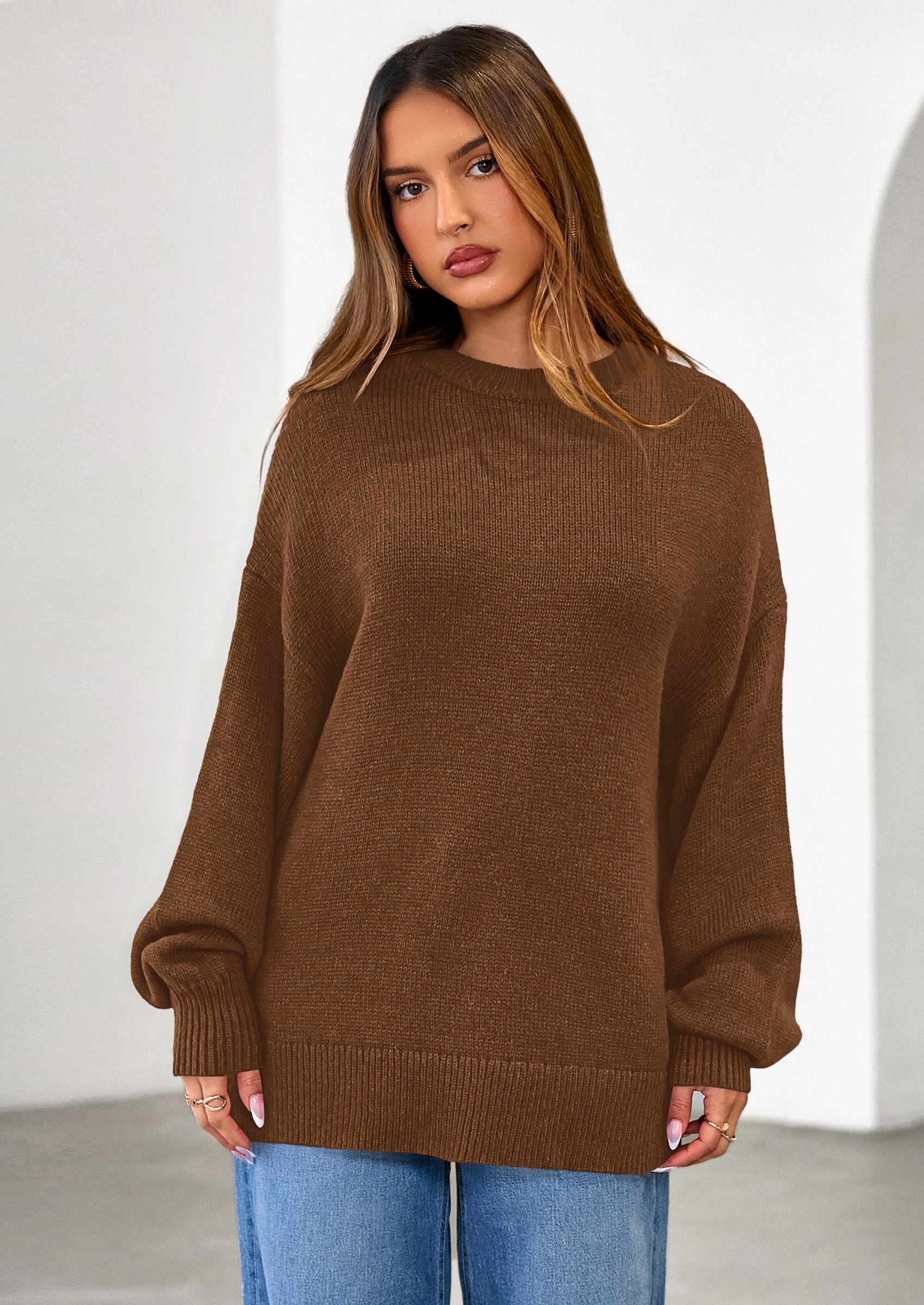 Womens Sweaters Fall Trendy Casual Crewneck Long Sleeve Cozy Knit Pullover Sweater Tops Winter Clothing