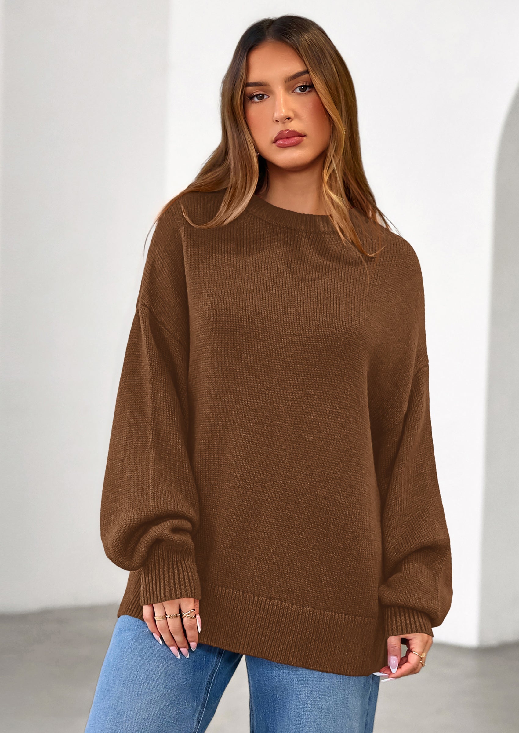 Womens Sweaters Fall Trendy Casual Crewneck Long Sleeve Cozy Knit Pullover Sweater Tops Winter Clothing