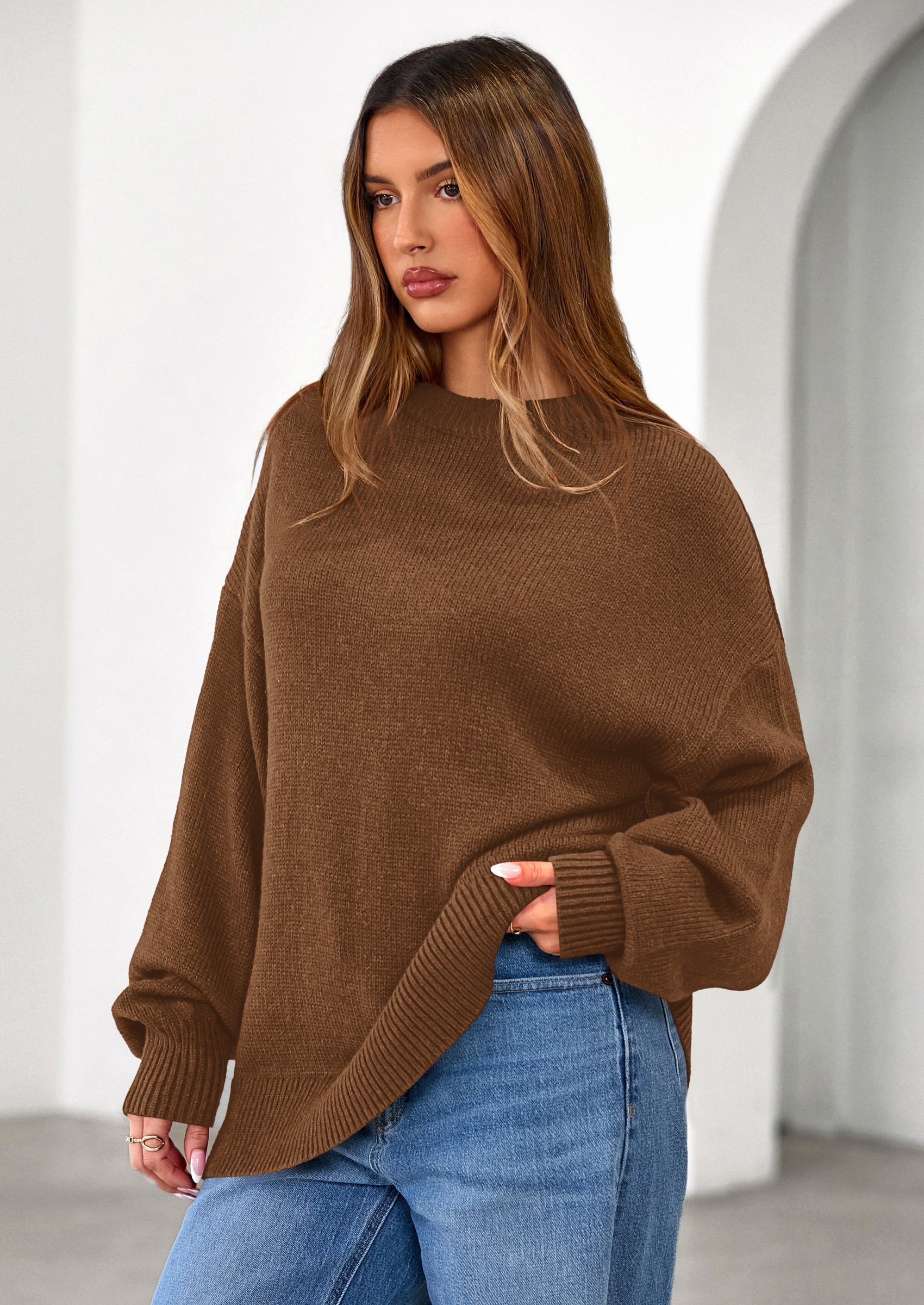 Womens Sweaters Fall Trendy Casual Crewneck Long Sleeve Cozy Knit Pullover Sweater Tops Winter Clothing