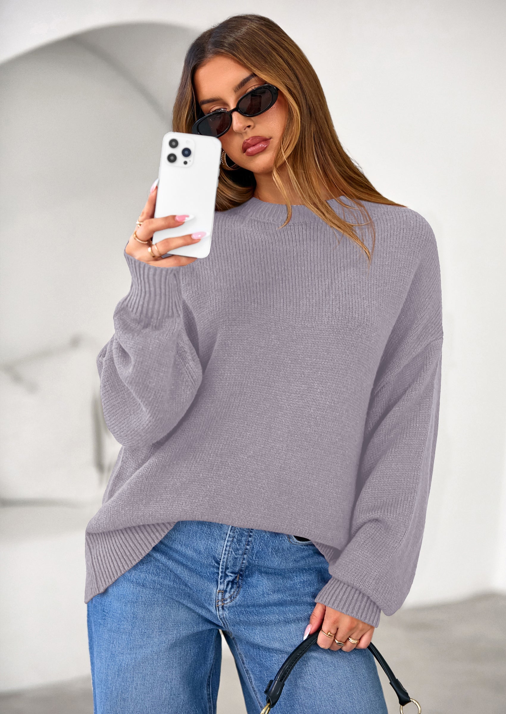 Womens Sweaters Fall Trendy Casual Crewneck Long Sleeve Cozy Knit Pullover Sweater Tops Winter Clothing