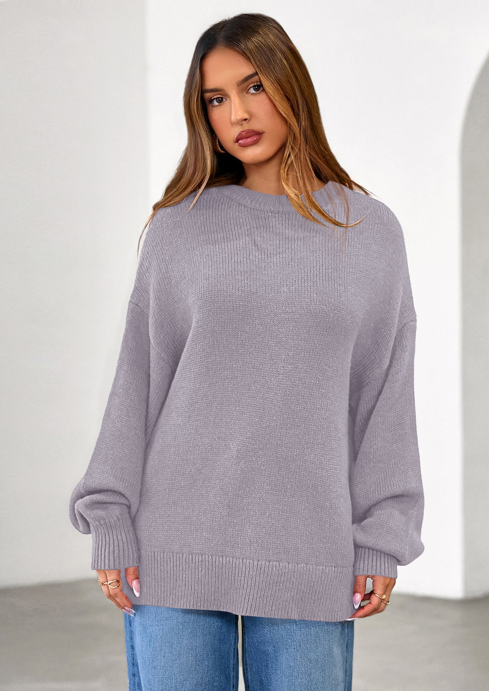 Womens Sweaters Fall Trendy Casual Crewneck Long Sleeve Cozy Knit Pullover Sweater Tops Winter Clothing