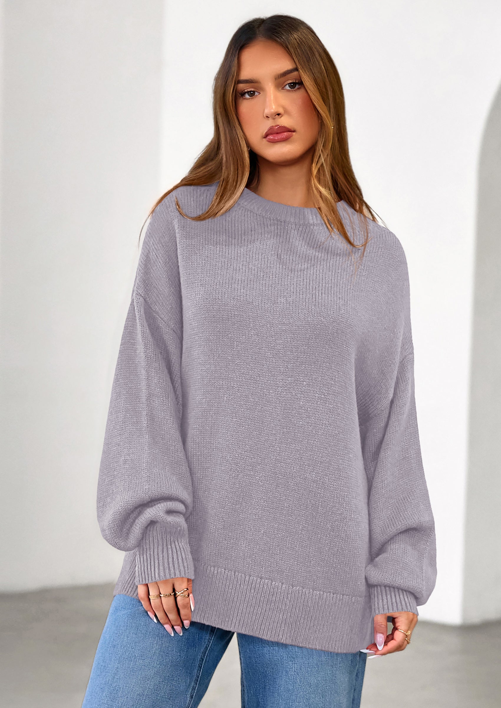 Womens Sweaters Fall Trendy Casual Crewneck Long Sleeve Cozy Knit Pullover Sweater Tops Winter Clothing