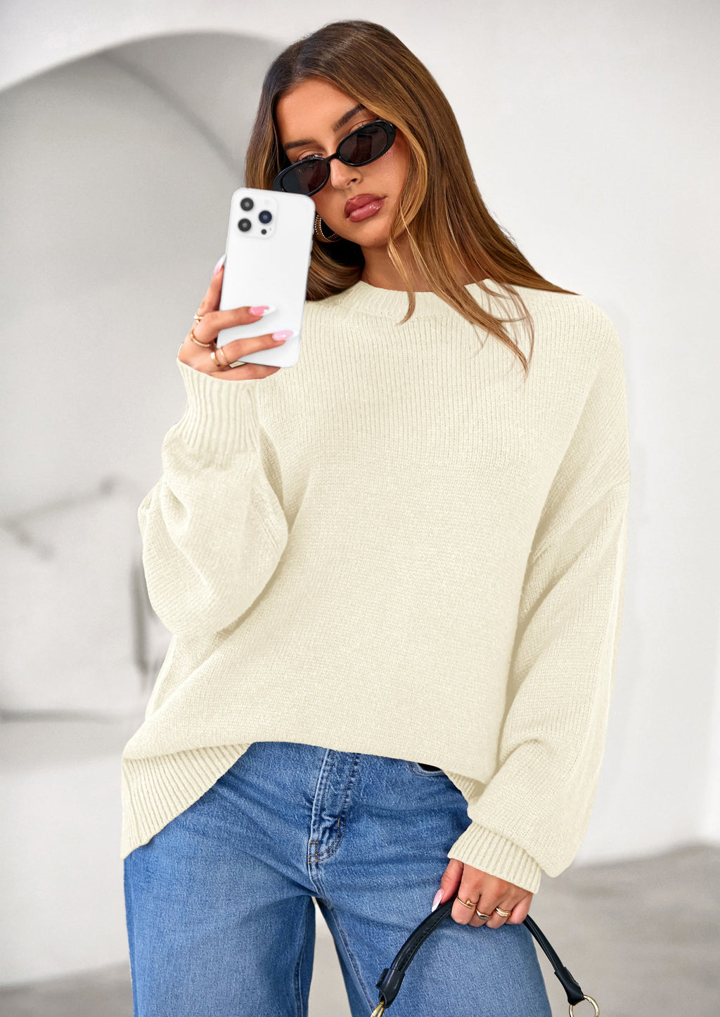 Womens Sweaters Fall Trendy Casual Crewneck Long Sleeve Cozy Knit Pullover Sweater Tops Winter Clothing