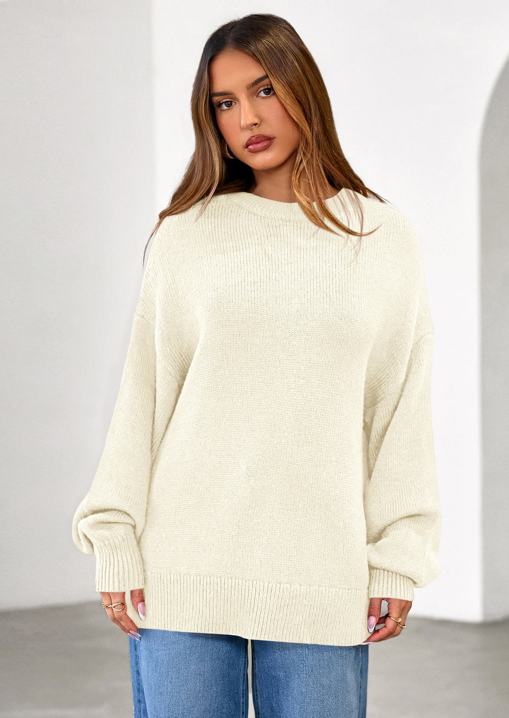 Womens Sweaters Fall Trendy Casual Crewneck Long Sleeve Cozy Knit Pullover Sweater Tops Winter Clothing