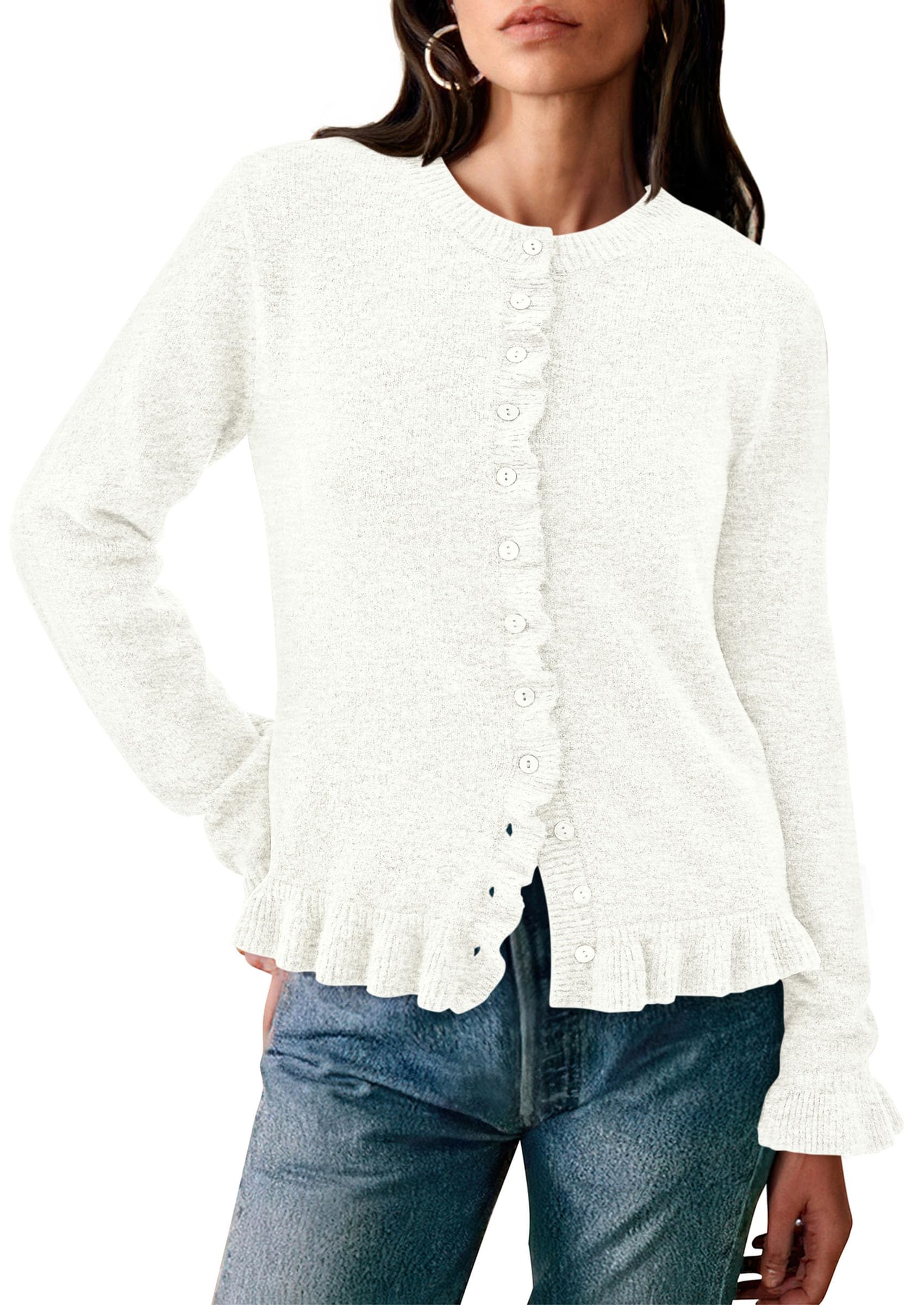 Womens Fall Button Down Cardigans Chunky Knit Ruffle Open Front Cropped Cardigan Sweaters Soft Long Sleeve Tops