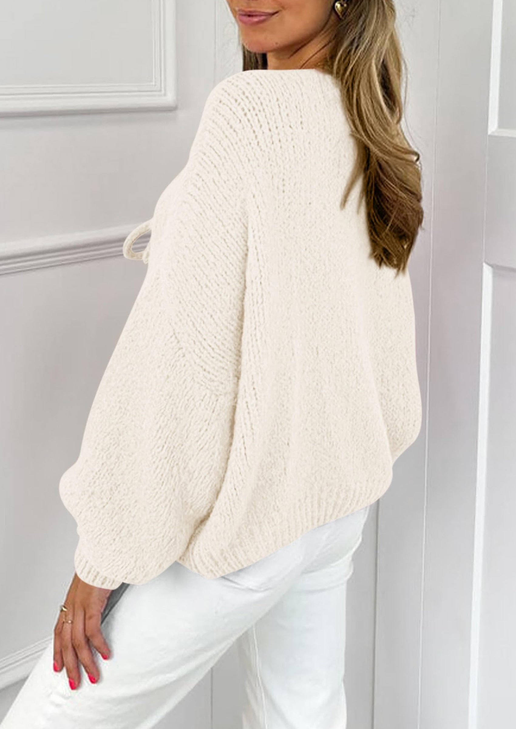 Women's Tie Front Bow Cardigan Sweaters Chunky Knit Long Puff Sleeve Trendy Fall Winter Jacket Coats