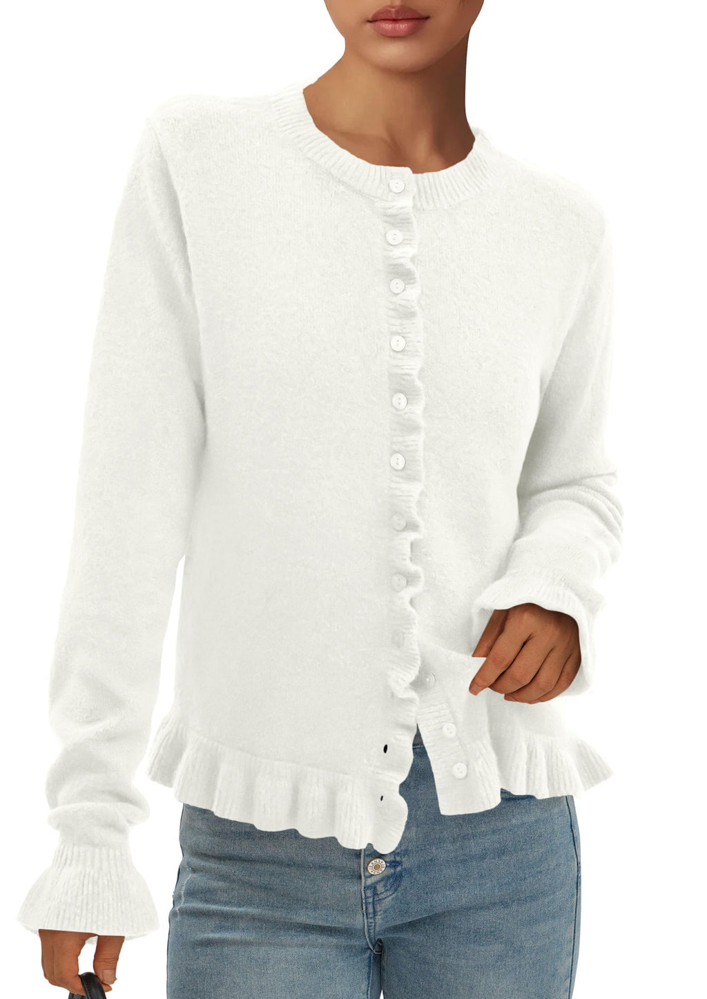 Womens Fall Button Down Cardigans Chunky Knit Ruffle Open Front Cropped Cardigan Sweaters Soft Long Sleeve Tops