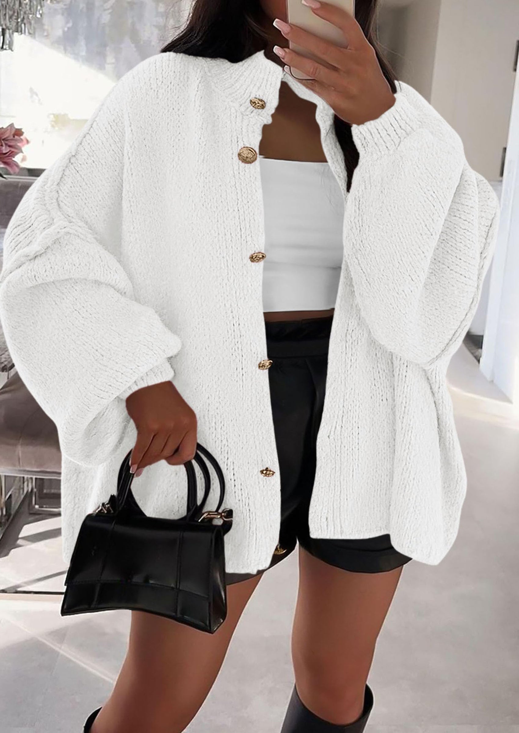 Women's Winter Button Down Cardigan Sweaters Mock Neck Lantern Long Sleeve Chunky Knit Jacket Trendy Outerwear
