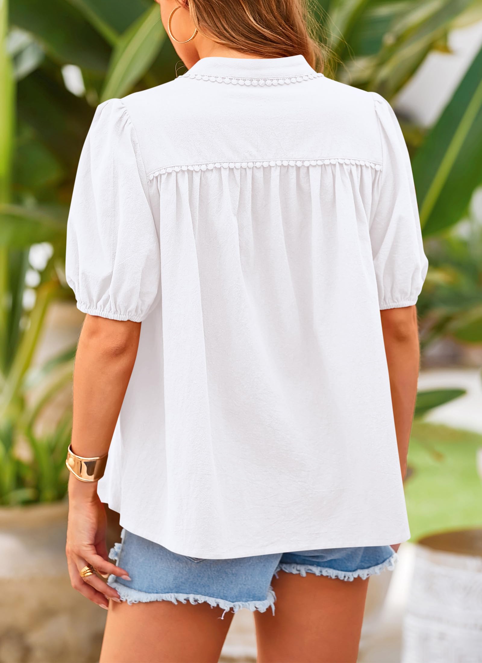 Women's Summer Tops Button Down Shirts Short Lantern Sleeve V Neck Cotton Cute Dressy Casual Blouses