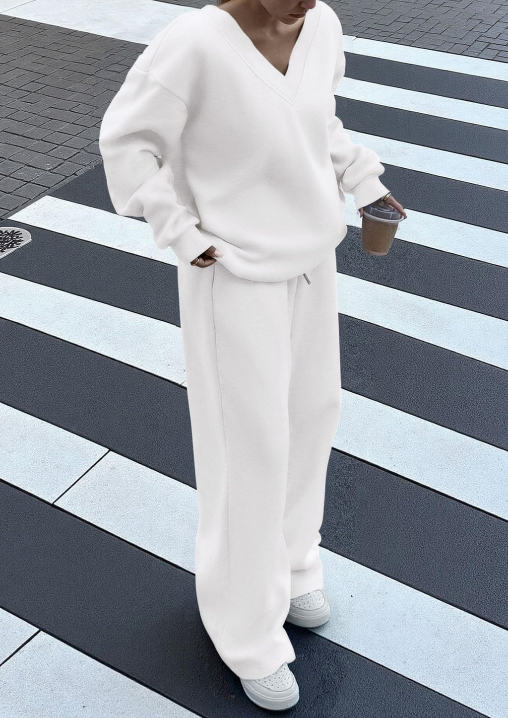 Casual Winter Two Piece Sets for Women V Neck Sweatshirt Loose Wide Leg Pants Tracksuit Knit Fall Outfits