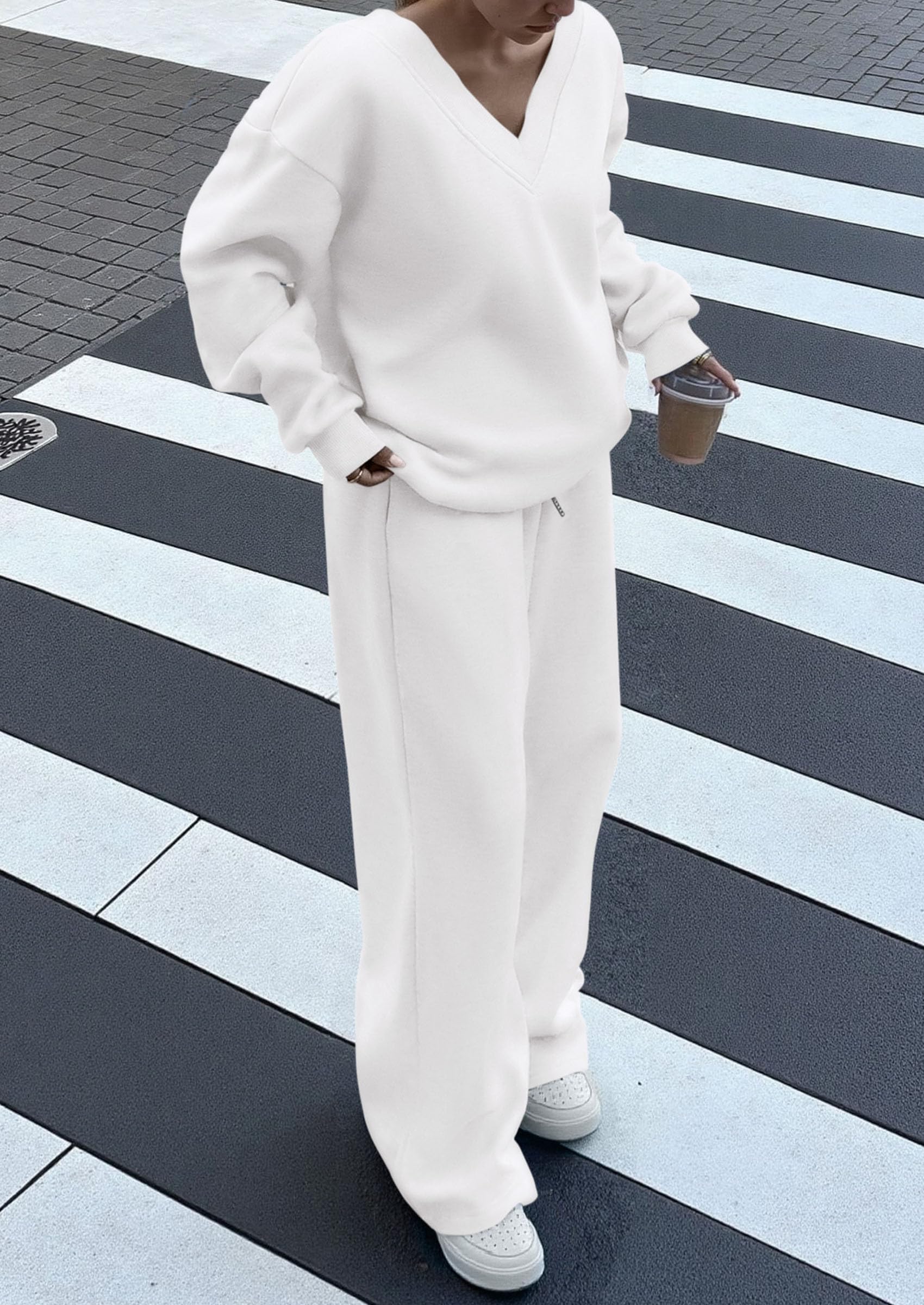 Casual Winter Two Piece Sets for Women V Neck Sweatshirt Loose Wide Leg Pants Tracksuit Knit Fall Outfits