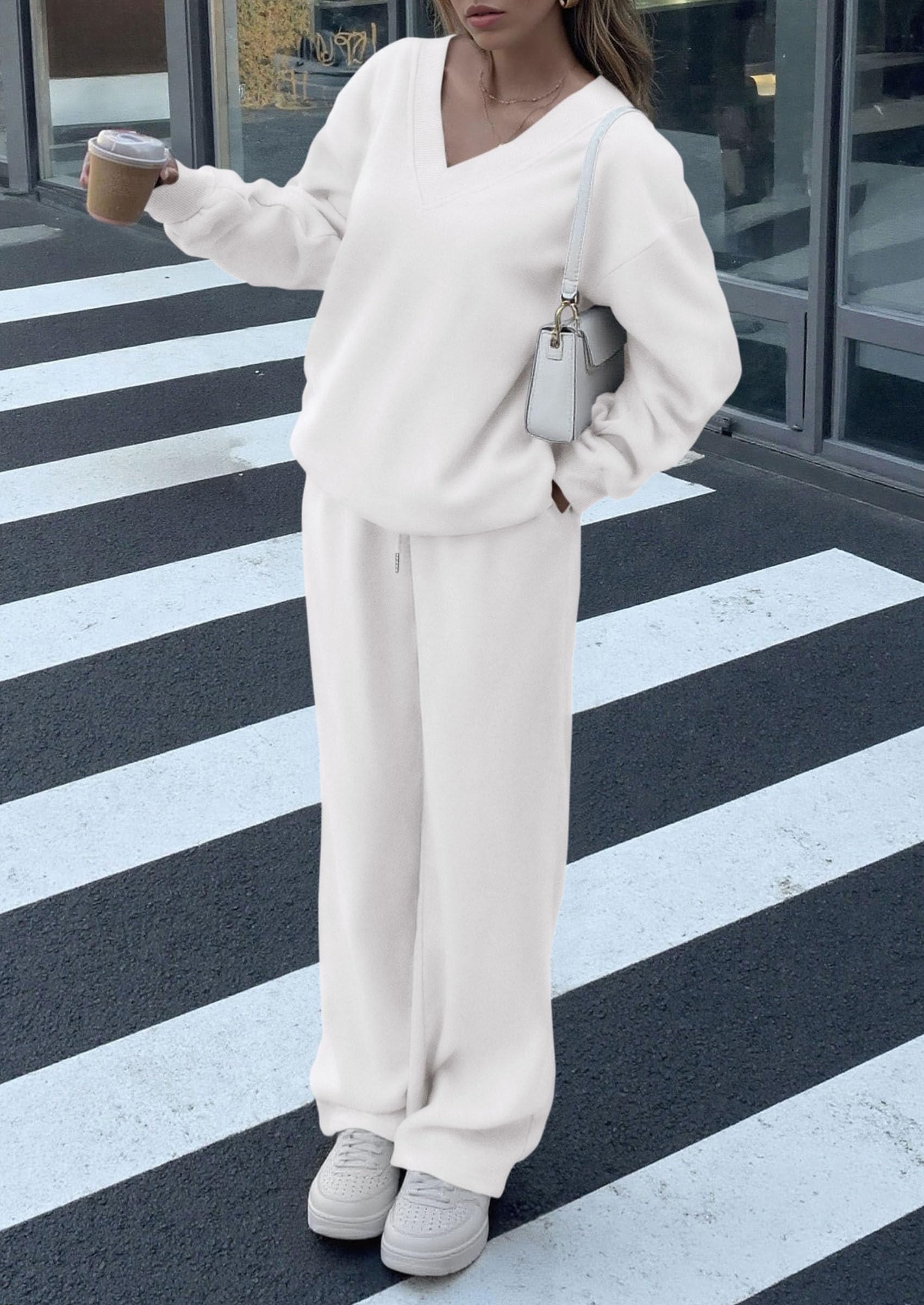 Casual Winter Two Piece Sets for Women V Neck Sweatshirt Loose Wide Leg Pants Tracksuit Knit Fall Outfits