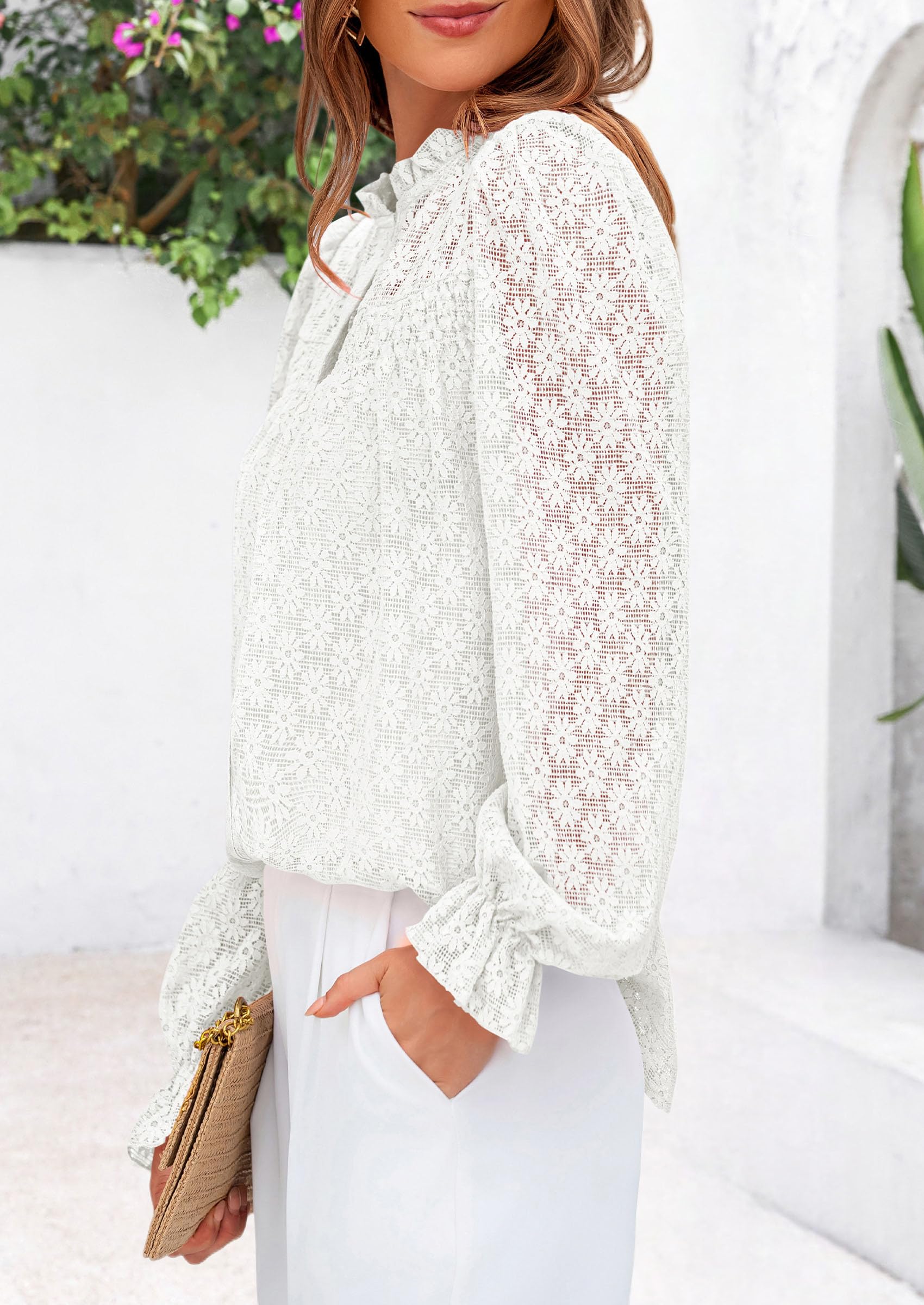 Lace Long Sleeve Tops for Women Eyelet Blouses Dressy Casual Hollow Out Button Down Shirts Summer Outfits