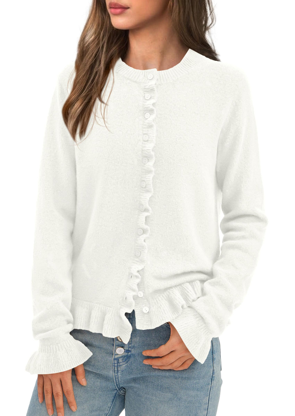 Womens Fall Button Down Cardigans Chunky Knit Ruffle Open Front Cropped Cardigan Sweaters Soft Long Sleeve Tops