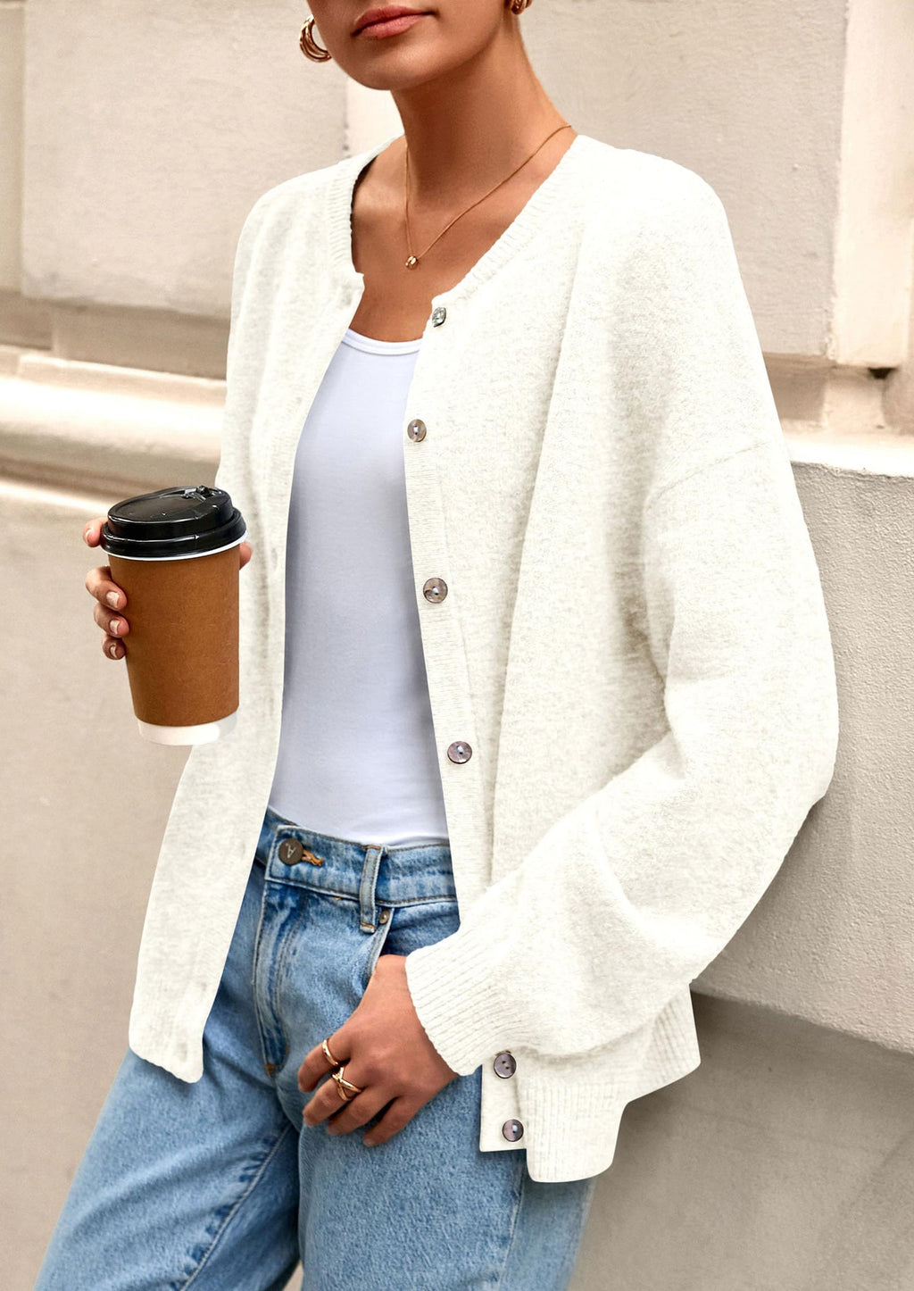 Fall Long Sleeve Cardigans for Women Trendy Open Front Winter Button Down Crewneck Soft Knit Sweater Jacket