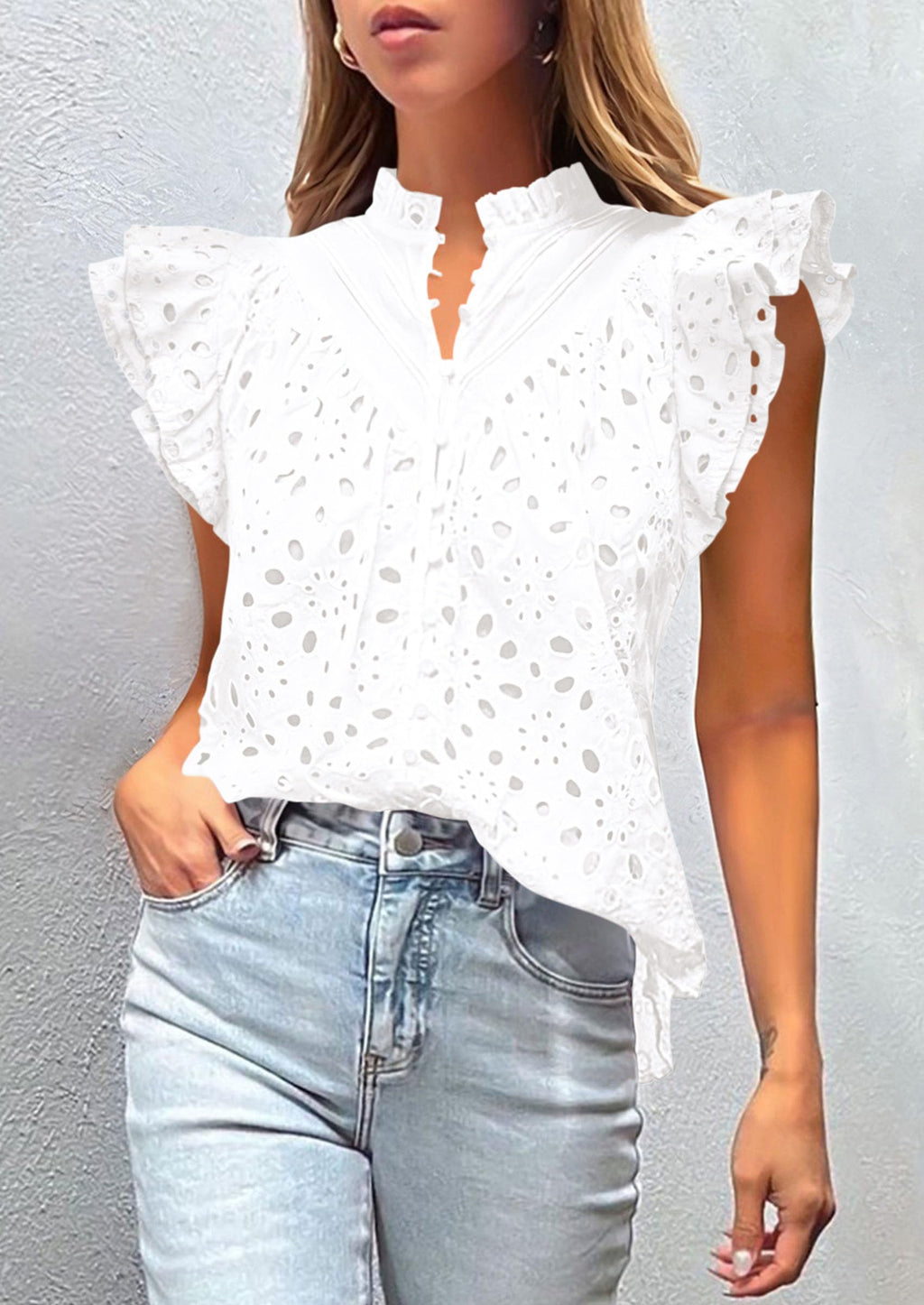 Womens Summer Tops 2025 Dressy Casual Ruffle Cap Sleeve Button V Neck Embroidered Eyelet Blouses Shirts